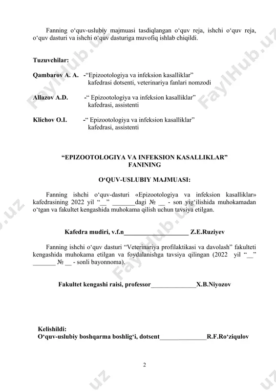uv materiallari 242 3.5 fan bo‘yicha glossariy (o‘zbek, rus, ingliz tillarida) 251 iv fan bo‘yicha o‘tkaziladigan attestatsiyalar uchun savollar: 258 4.1 1 ob uchun og‘zaki savollar (120 ta) 259 4.2 2 ob uchun og‘zaki savollar (120 ta) 263 4.3 yab uchun og‘zaki savollar (300 ta) 268 4.4 1 ob uchun yozma ish savollari (150 ta) 279 4.5 2 ob uchun yozma ish savollari (150 ta) 285 4.6 yab uchun yozma ish savollari (500 ta) 291 4.7 1 ob uchun test savollari (200 ta) 310 4.8 2 ob uchun test savollari (200 ta) 335 4.9 yab uchun test savollari (500 ta) 359 v fan bo‘yicha baholash me’zonlari 422 vi fan bo‘yicha tarqatma materiallar 423 vii o‘umning elektron varianti fanning o‘quv dasturi fanning ishchi o‘quv dasturi fanning asosiy o‘quv materiallari: mavzu: umumiy epizootologiya. infeksiya va infeksion kasalliklar ma’ruza umumiy epizootologiya. infeksiya va infeksion kasalliklar ma’ruzaning o‘qitish texnologiyasi o‘quv soati: 2 soat talabalar …