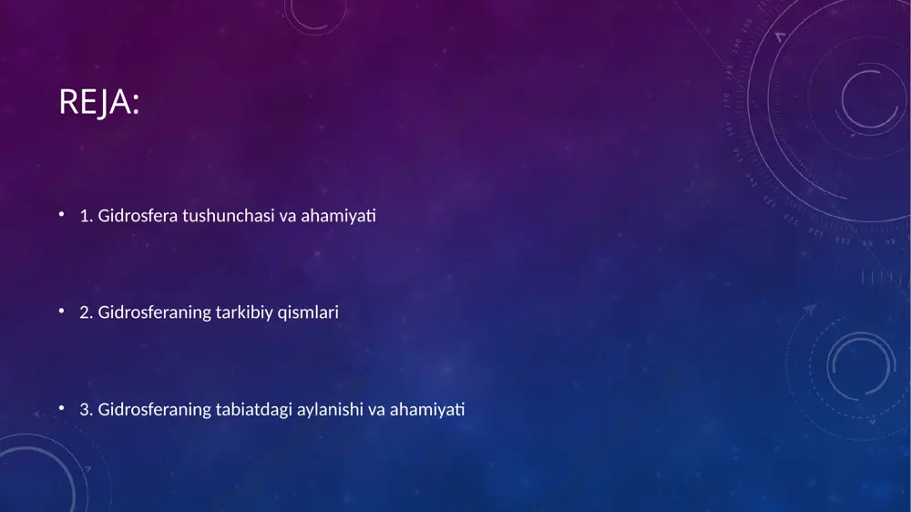 ladi. quyosh energiyasi bilan okeanlardan bug‘langan suv atmosferaga ko‘tariladi, u yerda sovib yog‘in shaklida yerga tushadi. yog‘inlar daryo va yerosti suvlariga qo‘shilib, yana okeanga qaytadi. gidrosferaning ahamiyati: hayot manbai – barcha tirik organizmlar suvga muhtoj; iqlimni boshqaradi – okeanlar issiqlikni saqlab, iqlimni tartiblaydi; resurs manbai – ichimlik suvi, qishloq xo‘jaligi, gidroenergetika; transport va sanoat – ko‘plab sanoat tarmoqlari suvdan foydalanadi. xulosa: gidrosfera — yerning eng muhim tabiiy qobig‘i bo‘lib, undagi suvlar sayyoramizdagi hayotning asosi hisoblanadi. uning tarkibiy qismlarini o‘rganish nafaqat tabiatni tushunish, balki suv resurslarini to‘g‘ri boshqarish va kelajak avlodlar uchun saqlab qolish nuqtai nazaridan ham muhimdir. image2.png image3.png image4.jpg image5.jpg image6.jpg image7.jpg /docprops/thumbnail.jpeg