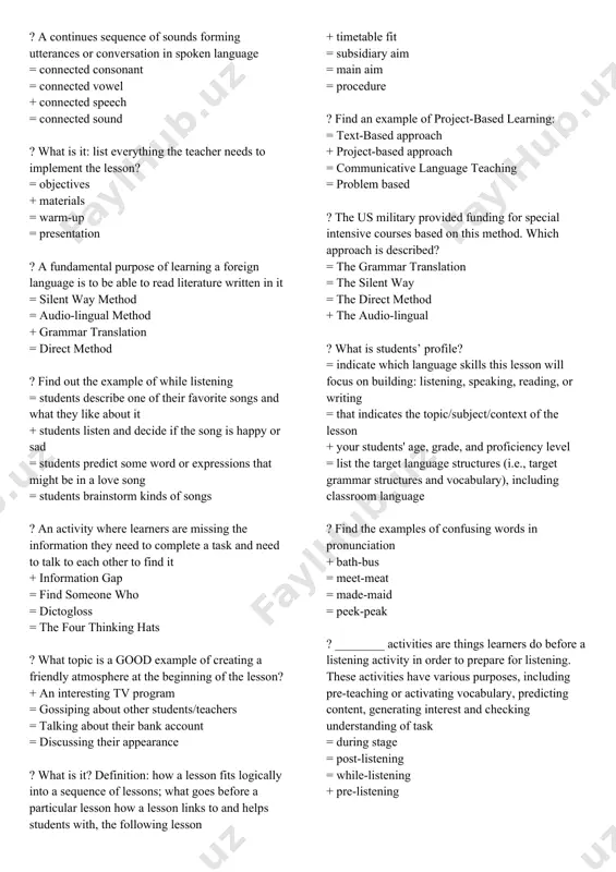 itch of a speaker’s voice goes up or down as they speak + it is about how we use a combination of stressed and unstressed words in sentences = it is the way the quality of the voice changes as a speaker communicates = it is about which sounds we emphasise in words and sentences ? which can be called an "authentic text"? = a grammar textbook + a newspaper article = course workbook = a graded reader ? find the examples of guided writing activities = building a personal word list + brainstorming topics or words to include, completing language bubbles in cartoons = contributing words to a word wall = playing word games (bingo, concentration) ? which of the following is not a principle of teaching vocabulary = learners should be encouraged to analyse words and word combinations in a text = learners should be encouraged to work …