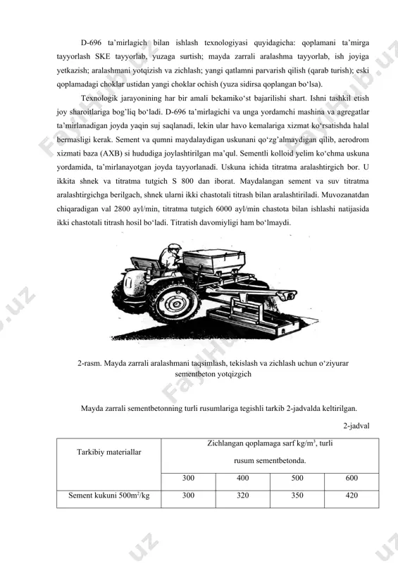 alsiy xlor, natriy xlor, osh tuzi) solib, titratib aktivlashtirish (titratishlar soni minutiga 1500) yo‘li bilan tayyorlanadi; sement-qum aralashmasini ikki chastotali titratma shtamplash usuli bilan zichlanadi. bunda kuchning o‘zgarish chastotasi zichlanayotgan qalinlik 1,5 sm da 25gs (1500 ayl/min) va 50 gs (3000ayl./min.); qalinlik 1,5-8 sm da esa-42 gs (2500 ayl/min) va 84 gs (5000 ayl/min.). juda maydalab tashlangan sement va qum bir jinsli mustahkam struktura hosil qiladi, bukilishdagi cho‘zilishga va cho‘zilishga mustahkamlikni 20% ga oshiradi, siqilishdagi mustahkamni 30% oshiradi (oddiy texnologiya bilan tayyorlangan sementbetonga nisbatan). buning sababi shundaki, oddiy sementning (nisbiy yuzasi 300 m2kg) faqat 45-50% sement yelim hosil bo‘lishida ishtirok etib, qolgan 55-50% mikroto‘ldirgich sifatida ishtirok etadi. agar sement 500-800 m2/kg gacha maydalansa, sement to‘la gidratlanib, yanada mustahkam sementbeton hosil bo‘ladi. buni p.a. rebindyer, s.v. shestopyerov, n.v. mixaylov o‘z tadqiqotlari bilan isbotlashgan. yuqoridagi usulda o‘ta maydalangan komponentlar ishlatilgani uchun asfaltbeton qoplama qalinligi 5-8 sm oraliqda olish mumkin va u tez …