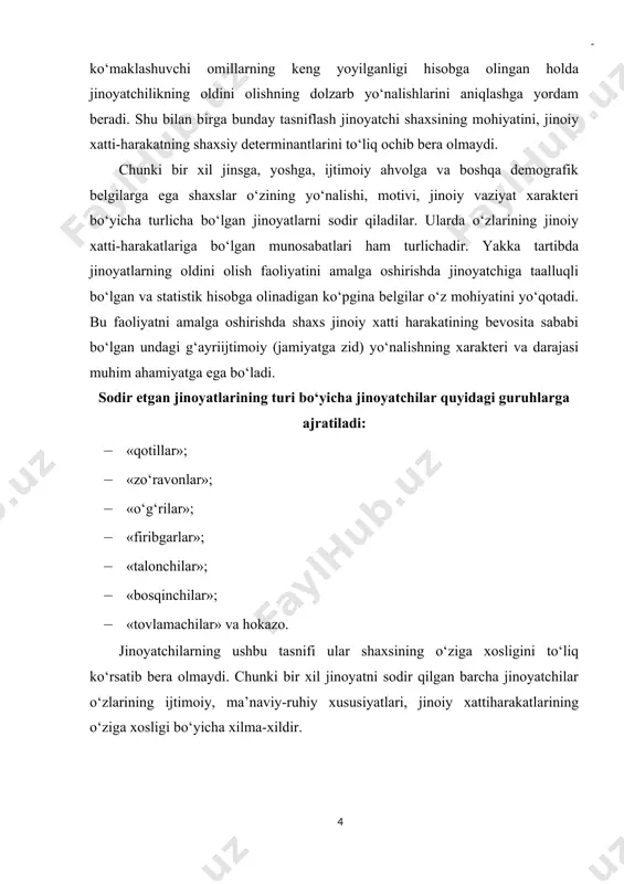 tivatsion yo‘nalishining chuqurligi va mustahkamligi) darajasiga ko‘ra, quyidagi toifalarga ajratiladi: 1) tasodifiy jinoyatchilar – ko‘proq ijobiy ta’riflanadigan, lekin favqulodda yuz bergan vaziyat natijasida birinchi marta ijtimoiy xavfi katta bo‘lmagan yoki uncha og‘ir bo‘lmagan jinoyatlarni sodir qilgan shaxslar; 2) vaziyatga qaram jinoyatchilar – ko‘proq ijobiy ta’riflanadigan, lekin noxush shaxsiy yoki shaxsdan tashqari holatlar ta’sirida birinchi marta og‘ir jinoyatlarni sodir qilgan shaxslar; 3) betayin jinoyatchilar – birinchi marta jinoyat sodir qilgan, lekin ko‘proq salbiy ta’riflanadigan, ilgari boshqa huquqbuzarliklarni sodir qilgan shaxslar; 4) ashaddiy jinoyatchilar – bir necha marta jinoyat sodir qilgan, shuningdek, muqaddam sudlangan shaxslar; 5) o‘ta xavfli jinoyatchilar – bir necha marta qasddan og‘ir yoki o‘ta og‘ir jinoyatlarni sodir qilgan shaxslar. jinoyatchilar g‘ayri ijtimoiy moyilliklari, qadriyatlari va mo‘ljallarining xususiyatiga ko‘ra, quyidagi toifalarga ajratiladi: 1) insonga va uning muhim qadriyatlari (hayoti, sog‘lig‘i, erkinligi, sha’ni, qadr-qimmati va h.k.)ga salbiy, bepisand munosabatda bo‘luvchi jinoyatchilar; 2) o‘zgalar mulkiga va moddiy ne’matlarni mehnatga qarab taqsimlash prinsipiga …
