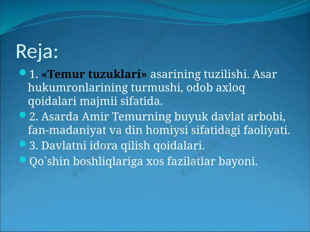 aoshi, mamlakatlarni boshqarish tartibi, davlat arboblari va bosh1iqlarning burch va vazifalari, amirlar, vazirlar va boshqa mansabdorlarning toj-u taxt oldidagi alohida xizmatlarini taqdirlash tartibi va boshqalar xususida gap boradi. amir temur davlatni boshqarishda o'zidan avval o'tgan hukmdorlardan farq qilib, davlat va mamlakatni boshqarishda 1 yoki 2 tabaqaga emas, balki aholining barcha tabaqalariga suyandi. amir temur davlatida asasiy qanun vazifalarini bajargan musulmon huquqi islam ta'limatiga asaslangan. imam buxariy, termiziy, bahauddin naqshband, ahmad yassaviy, burhaniddin marg'inaniylarning asarlarida qur'an ta'rifi bilan birga musulmon huquqi sharhi berilgan. shariat - keng va mukamma ishlangan huquq qomusi, unda turmushning turli-tuman sahalari: diniy- oilaviy, xalqaro, fuqarolik, jinoiy, axloqiy normalar ifodalangan. shariatda huquq ilmi yaxshi ishlangan bo'lib, u asasan: i) diniy qoidalarni, mohiyatni o'rganuvchi va 2) tarkibiy huquq ilmining turli sohalariga tegishli bo'lgan qoidalarni o'rganuvchi ikki qismdan iborat. unda davlat va huquqning paydo bo'lishi va mohiyati i1ohiy kuchga bog'langan holda o'rgani1adi. davlat va qonunlarni yaratuvchi alloh bo'lsa, uning yerdagi …