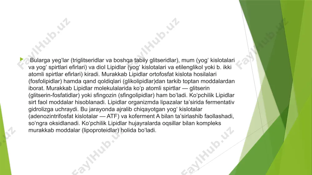 yasida mavjud boʻlishi mumkin. sis konfiguratsiyasida bogʻ hosil qilgan ikkita vodorod bir tomonda, trans konfiguratsiyada esa qarama-qarshi tomonda joylashadi (quyida koʻrsatilgan). sis qoʻshbogʻ yogʻ kislotasida burchakli strukturani hosil qiladi va bu yogʻlar uchun muhim ahamiyatga ega boʻlgan xususiyatdir. toʻyingan yogʻ kislotalari dumchalari toʻgʻri chiziq shaklida boʻladi, shuning uchun toʻyingan dumchali yogʻ molekulalari bir-biriga zich joylashadi. ushbu zich joylashish xona haroratida (nisbatan yuqori erish haroratiga ega boʻlganda) yogʻlar qattiq boʻlishini taʼminlaydi. misol uchun, sariyogʻda yogʻning katta qismi toʻyingan boʻladi\[^2\]. transyogʻlar shu joyda bir narsa eʼtibordan chetda qolganini sezgan boʻlsangiz kerak. trans yogʻlar yoki yogʻ kislotasi dumchalaridagi trans qoʻshbogʻli toʻyinmagan yogʻlar haqida toʻxtalib oʻtmadik. trans yogʻlar aslida tabiatda juda kam uchraydi, ammo qisman gidrirlash yoʻli bilan sanoat jarayonlarida osongina ishlab chiqariladi. ushbu jarayonda vodorod gazi (asosan sis-toʻyinmagan yogʻlaridan tarkib topgan) moylardan oʻtkaziladi va qoʻshbogʻlarning baʼzilarini oddiy bogʻlarga aylantiradi. qisman gidrirlashdan maqsad yogʻlarga xona haroratida qattiq holda boʻlish kabi toʻyingan yogʻlarga xos baʼzi …