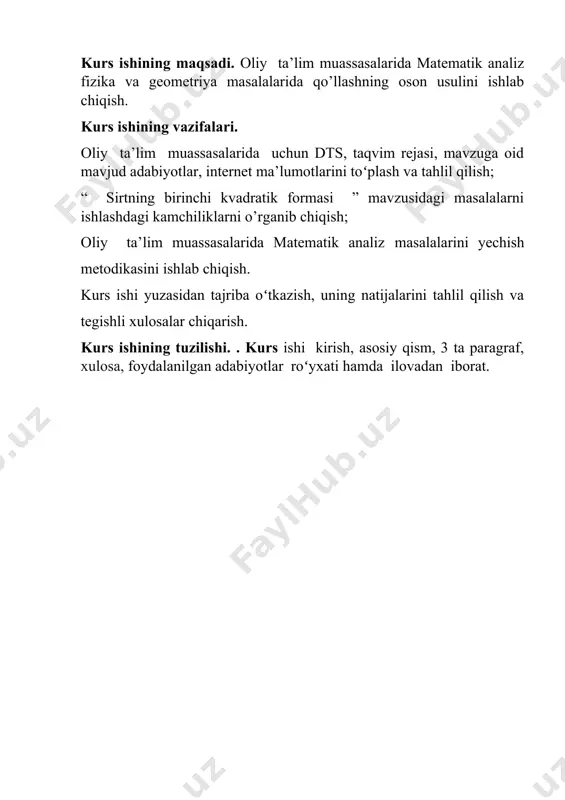 0, 1) bo’ladi. demak, ushbu holda silindir uchun birinchi kvadratik forma quyidagi d = d + d ko’rinidhga ega. shunday qilib, parametirlarni bunday tanlashda silindirning birinchi kvadratik formasi to’g’ri to’rtburchakning birinchi kvadratik formasi bilan ustma-ust tushar ekan. 2. birinchi kvadratik formaning muximligi shundaki, u yordamida biz sirtning assosiy kattaliklarini, sirtni parametric ravishda aniqlovchi r(u, v) funksiyaga murojat qilmasdan, hisoblashimiz mumkin. masalan, birinchi kvadratik forma koeffitsiyentlarni bilgan xolda sirt yuzini qanday xisoblash mumkinligini ko’raylik. buning uchun quidagi [ + ( = * ayniyatdan foydalanamiz. bevosita bu ayniyat va (2.3) tarifdan [ + = e *g tenglik kelib chiqadi. demak, [ shunday ekan navbatdagi tasdiq o’rinli. 2.1 – tasdiq. birinchi kvadratik formasi (2.4) ga teng bo’lgan s sirtning yuzi = du dv (2.6) formula yordamida hisoblanadi. isbot. (1.1) – teorema va (2.5) tengliklardan kelib chiqadi. 2.5- misol. 2.2 – misolga ko’ra sfera sirti uchun quyidagi eg - tenglik o’rinli. agar ꭥᴄ (0, …