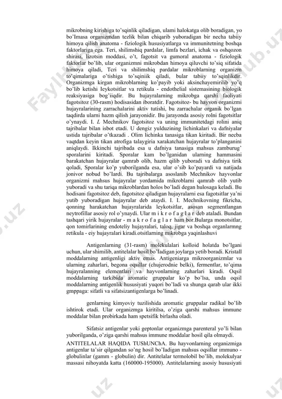 izamiq, chechak va boshqalar). sterillanmagan immunitet — infeksiya qo'zg'atuvchining moyilligi xo'jayin organizmida bo'lgan davrdagina saqlanib turiladi. bunday immunitet sterillanmagan yoki infeksion immunitet deyiladi. immunitetning bu turi sil, zaxm va ayrim boshqa infeksiyalarda kuzatiladi. odamning yuqumli kasalliklarni yuqtirmasligi spetsifik va nospetsifik himoya omillarida o'z aksini topadi. nospetsifik himoya deb, organizmning tug'ma xususiyatiga aytiladi, bu odam tanasi yuzasidagi va organizm ichidagi turli xil mikroorganizmlarni yo'qotishga imkon beradi. spetsifik himoya omili organizm kasallik qo'zg'atuvchisi yoki toksinlar bilan to'qnashganda hosil bo'ladi, bu omillarning ta’siri faqat shu qo'zg'atuvchilar yoki ularning toksinlariga qarshi qaratilgan bo'ladi. spetsifik bo’lmagan immunitet ikkiga bo’linadi: tabiiy yoki tug’ma. organizmni himoya qilish anatoma - fiziologik faktorlari. tabiiy yoki tug’ma immunitet evolyutsiya jarayonida hosil bo’lib, nasldan - naslga o’tadi. masalan, qoramollar, otlarning manqa kasalligiga, otlar, itlarning toun kasalligiga, odam esa cho’chqalarning va itlarning toun kasalligiga sezgir emas. hayvonlarda va odamlarda bo’ladigan bunday immunitet tabiiy, tug’ma va zotiga xos immunitet deyiladi. bunday immunitetning paydo …