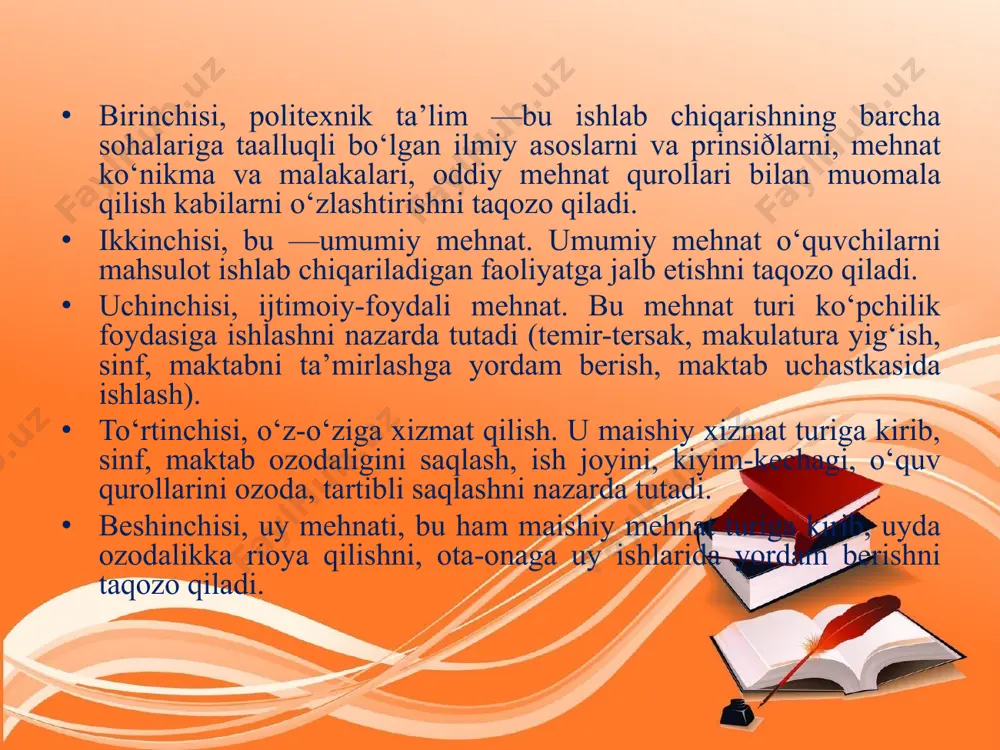 qalar vositasida go‘zallikni his qilishga yo‘naltirilgan pedagogik faoliyatni o‘z ichiga oladi. badiiy tarbiya esa, san’at (adabiyot, musiqa, qo‘shiq, tasviriy va san’atning boshqa yo‘nalishlari) vositasida shaxsda estetik his-tuyg‘ularni shakllantirishni nazarda tutadi. estetik tarbiyasi insonda go‘zallikni his qilish tuyg‘usining shakllanishiga yordam beradi, uni rivojlantiradi. inson doimo o‘z hayotini go‘zallik asosida qurishga intiladi. estetik tarbiyasi axloqiy, aqliy, huquqiy, ekologik, jismoniy va mehnat tarbiyasi bilan chambarchas bog‘liqdir. ekologik tarbiya davr talabiga ko‘ra, yana boshqa yo‘nalishda ham ish olib borish talab etilmoqda. u ham bo‘lsa ekologik tarbiya masalasidir. ekologik tarbiya, albatta, ekologik bilim asosida shakllanadi, lekin u o‘ziga xos xususiyatlarga ham ega. ekologik tarbiya insonda tabiatga nisbatan to‘g‘ri, oqilona munosabatni shakllantirish masalasi ustida ish olib boradi va o‘z oldiga o‘quvchilarda ekologik madaniyatni shakllantirishdek maqsadni qo‘yadi. ekologik tarbiyaning mazmuniga ekologik onglilik, ekologik his-tuyg‘ular (tabiatga, insonlarga, hayotga nisbatan munosabatlar) kiradi. demak, ekologik tarbiya inson hayotida, jamiyatda, vatanda muhim ahamiyat kasb etadi. ekologik tarbiyaning shakllanishiga ekologik bilimlarni egallash …
