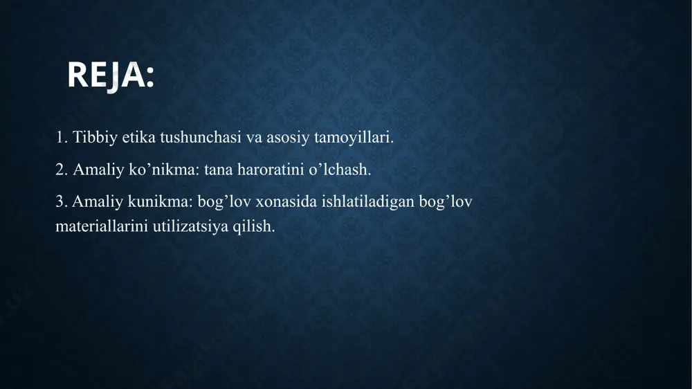 hiriladi. so‘ngra tanlangan usulga qarab termometr bemorga to‘g‘ri joylashtiriladi. tibbiy xodim o‘lchov vaqtini kutadi va undan keyin termometrdagi natijani ehtiyotkorlik bilan o‘qib, uni yozib qo‘yadi. agar raqamlar normal chegaradan chiqsa, bu holat bo‘yicha shifokorga xabar beriladi. tana haroratini o‘lchashda gigiyena va xavfsizlik qoidalariga qat’iy rioya qilish zarur. har bir o‘lchovdan so‘ng termometrni tozalash va dezinfeksiya qilish, shuningdek, bemorning shaxsiy holatini hisobga olish kerak. ushbu ko‘nikma, garchi oddiy ko‘rinsa-da, to‘g‘ri bajarilmasa noto‘g‘ri tashxis qo‘yilishiga sabab bo‘lishi mumkin. shu sababli, har bir tibbiyot xodimi bu amaliyotni e’tibor bilan va mas’uliyat bilan bajarmog‘i lozim. amaliy kunikma: bog’lov xonasida ishlatiladigan bog’lov materiallarini utilizatsiya qilish. bog‘lov xonasida ishlatiladigan bog‘lov materiallarini utilizatsiya qilish — bu tibbiyot amaliyotida xavfsizlik va gigiyena talablariga rioya etishda muhim ahamiyatga ega bo‘lgan ko‘nikmadir. bunday materiallarga ishlatilgan bintlar, gazli salfetkalar, plastirlar, qo‘lqoplar, paketlar va boshqa bir martalik tibbiy vositalar kiradi. ular bemor bilan to‘g‘ridan-to‘g‘ri aloqa qilgan bo‘lishi mumkinligi sababli, ularda yuqumli moddalar …