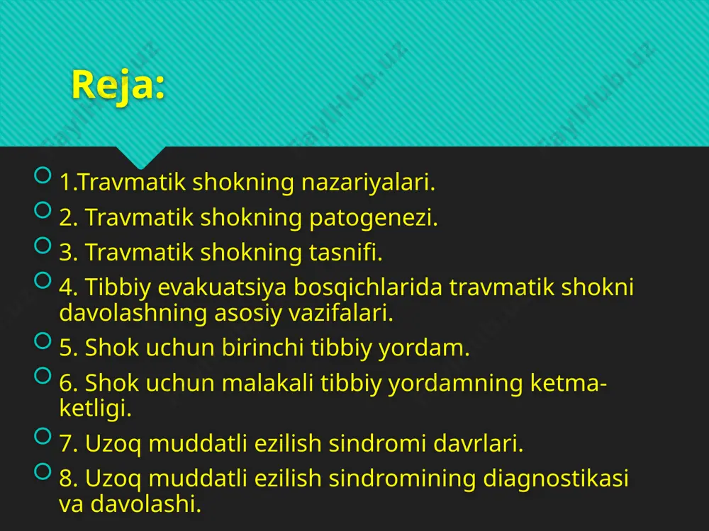 2 kaftning maydoni – 20%. 3. chuqur yaralar uchun 1 mushtning maydoni 10% qon yo'qotishiga teng. 4. 2 mushtning maydoni - 20%. yopiq suyak sinishida qon yo'qotish miqdori yelka - 250-400 ml bilaklar - 100-350 ml dumba - 800-1500 ml barabanlar - 400-500 ml buzilgan oyoq to'piqlari - 150 - 200 ml tos suyagi sinishi - 1000-2500 ml 1000 ml gacha bo'lgan amputatsiyalar o'pish printsipi shokning og'irligi sistolik bosim darajasiga to'g'ridan-to'g'ri proportsionaldir 1-darajali - qon bosimi = 90-100 mmhg. 2 daraja - qon bosimi = 75-85 mmhg. 3 daraja - qon bosimi = 70 yoki undan kam mmhg. shok darajasi general davlat ong tana harorati puls tezligi sistolik jahon nafas olish tezligi i - yorug'lik oʻrtacha toza oddiy daqiqada 90-100 mm hg . daqiqada 18-20 ii - o'rtacha og'ir sopor qisqartirilgan daqiqada 110-120 zarba 75-85 mm hg . daqiqada 20-30 iii - og'ir juda og'ir bezovta kamaygan, namlangan , sovuq …