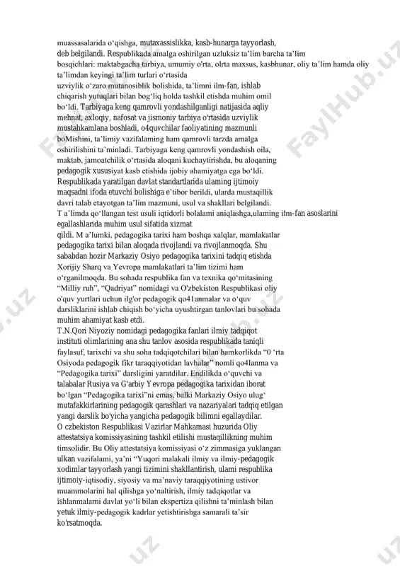tlik mustaqil o‘zbekiston ta’lim tizimi. mustaqillk yillarida pedagogik fikrlar rivoji muassasalarida o‘qishga, mutaxassislikka, kasb-hunarga tayyorlash, deb belgilandi. respublikada amalga oshirilgan uzluksiz ta’lim barcha ta’lim bosqichlari: maktabgacha tarbiya, umumiy o'rta, olrta maxsus, kasbhunar, oliy ta’lim hamda oliy ta’limdan keyingi ta’lim turlari o‘rtasida uzviylik o‘zaro mutanosiblik bolishida, ta’limni ilm-fan, ishlab chiqarish yutuqlari bilan bog‘liq holda tashkil etishda muhim omil bo‘ldi. tarbiyaga keng qamrovli yondashilganligi natijasida aqliy mehnat, axloqiy, nafosat va jismoniy tarbiya o'rtasida uzviylik mustahkamlana boshladi, o4quvchilar faoliyatining mazmunli bomishini, ta’limiy vazifalaming ham qamrovli tarzda amalga oshirilishini ta’minladi. tarbiyaga keng qamrovli yondashish oila, maktab, jamoatchilik o‘rtasida aloqani kuchaytirishda, bu aloqaning pedagogik xususiyat kasb etishida ijobiy ahamiyatga ega bo‘ldi. respublikada yaratilgan davlat standartlarida ulaming ijtimoiy maqsadni ifoda etuvchi bolishiga e’tibor berildi, ularda mustaqillik davri talab etayotgan ta’lim mazmuni, usul va shakllari belgilandi. t a’limda qo‘llangan test usuli iqtidorli bolalami aniqlashga,ulaming ilm-fan asoslarini egallashlarida muhim usul sifatida xizmat qildi. m a’lumki, pedagogika tarixi ham …