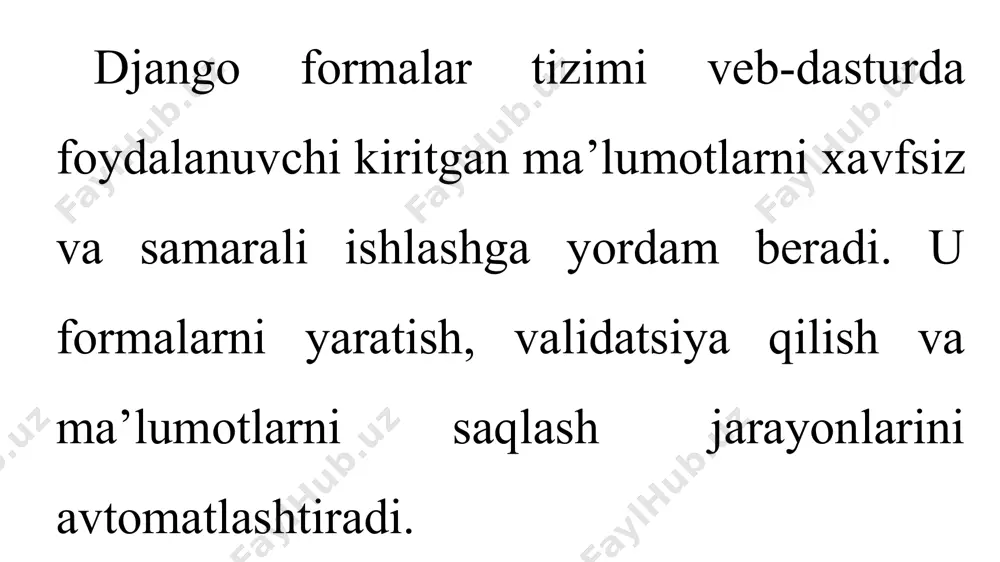 ntegerfield(min_value=18, max_value=100) email = forms.emailfield() birth_date = forms.datefield(widget=forms.selectdatewidget) is_active = forms.booleanfield(required=false) gender_choices = [('m', 'erkak'), ('f', 'ayol')] gender = forms.choicefield(choices=gender_choices) python file forma validatsiyasi (tekshirish). django formasi avtomatik ravishda ma’lumotlarni tekshiradi. biroq, qo‘shimcha tekshiruvlar uchun clean_ metodidan foydalanish mumkin. class contactform(forms.form): email = forms.emailfield() message = forms.charfield(widget=forms.textarea) def clean_email(self): email = self.cleaned_data.get('email') if not email.endswith('@gmail.com'): raise forms.validationerror("faqat @gmail.com email manzillari qabul qilinadi!") return email python file views.py da forma bilan ishlash: from django.shortcuts import render from .forms import contactform def contact_view(request): if request.method == "post": form = contactform(request.post) if form.is_valid(): print(form.cleaned_data) # foydalanuvchi kiritgan ma’lumotlar return render(request, 'success.html') # muvaffaqiyat sahifasi else: form = contactform() return render(request, 'contact.html', {'form': form}) contact.html da formani chiqarish: {% csrf_token %} {{ form.as_p }} yuborish html file django formalarida csrf (cross-site request forgery) hujumlariga qarshi himoya o‘rnatilgan. har qanday elementi ichida {% csrf_token %} tegi bo‘lishi kerak. {{ form.as_p }} – bu forma elementlarini …