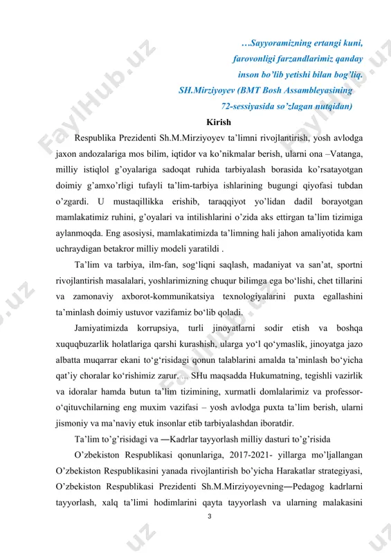 i. ta’lim tizimida zamonaviy va axborat texnologiyalardan foydalanish, farzandlarimizning mustaqil fikrlash, bilim olish ko’nikmalarini shakillantirish va rivojlantirish ta’lim soxasi vakillarining oldida turgan dolzarb vazifalardan biridir. barcha o’quv predmetlar qatoriga kimyo fani asosida puxta va samarali o’zlashtirishda zamonaviy ped texnologiyalardan foydalanishning o’rni katta. o’quvchilarning berilgan mavzular mazmunini tushunishi, unda aks etgan kimyoviy tushunchalar, qonunlar, ayrim moddalar misolida daliliy ma’lumotlarni o’zlashtirishda o’qitish metodlari yordamida amalga oshiriladi. bularning barchasi talab darajasida bo’lishi uchun bugungi kunda kimyo ta’limida ham zamonaviy ped texnalogiyalardan foydalanish yaxshi samara beradi. xususan, anorganik kimyo darslarining o`qitilishida zamonaviy ped texnologiyalaridan foydalanish, o`quvchilar uchun darsning tushunarlilik darajasini oshirmoqda. buning natijasda o`quvchilarninng bilim olish salohiyati o`smoqda. shuning uchun biz bitiruv malakaviy ishimizni “o’rta maktab kimyo kursida reaksiya tushunchasini shakllantirish va rivojlantirish ” deb nomlashga ahd qildik. quyida sizning e’tiboringizga xavola etilayotgan ishda kimyo ta’limiga mos zamonaviy ped texnologiyalar va ulardan o’quv jarayonida unumli foydalanishga doir tavsiyalar aks ettirilgan. tavsiya etilayotgan kurs ishning …