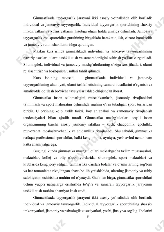hisobga olgan holda amalga oshiriladi. bu jarayonda har bir sportchining o‘ziga xos kamchilik va ustunliklari aniqlanib, ularga mos mashg‘ulotlar tuziladi. individual tayyorgarlik sportchining texnik, taktik va psixologik jihatdan rivojlanishiga, shuningdek, musobaqalarga yuqori darajada tayyorlanishiga xizmat qiladi. jamoaviy tayyorgarlik esa sportchilar guruhining birgalikda harakat qilish, o‘zaro hamkorlik va jamoaviy ruhni shakllantirishga qaratilgan. jamoaviy mashg‘ulotlar davomida sportchilar bir-birini qo‘llab-quvvatlash, o‘zaro raqobat va hamkorlik muhitida o‘z mahoratini oshiradilar. bu esa nafaqat sport natijalarini yaxshilash, balki sportchilarning ijtimoiy va psixologik jihatdan rivojlanishiga ham ijobiy ta’sir ko‘rsatadi. gimnastika sportining o‘ziga xosligi shundaki, u inson organizmining har tomonlama rivojlanishiga, jismoniy va ruhiy salomatlikni mustahkamlashga xizmat qiladi. gimnastika mashg‘ulotlari orqali bolalar va o‘smirlar o‘zlarining harakat koordinatsiyasi, epchillik, chaqqonlik, kuch va bardamlik kabi muhim jismoniy sifatlarini rivojlantiradilar. shu bilan birga, gimnastika sportchilarning irodaviy sifatlarini, o‘ziga bo‘lgan ishonchini va jamoada ishlash ko‘nikmalarini shakllantirishda ham muhim ahamiyat kasb etadi. gimnastikada tayyorgarlik jarayonini to‘g‘ri tashkil etish sportchilarning yuqori natijalarga erishishida asosiy …