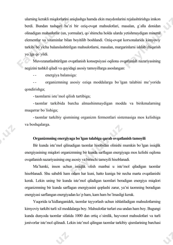 ayyorlash uchun ishlatiladigan mahsulotlarning kimyoviy tarkibi turli xil moddalarga boy. mahsulotlar turlari esa undan ham boy. bugungi kunda dunyoda taomlar sifatida 1000 dan ortiq o`simlik, hayvonot mahsulotlari va turli jonivorlar iste’mol qilinadi. lekin iste’mol qilingan taomlar tarkibiy qismlarining barchasi ham organizm tomonidan energiya manbai sifatida ishlatilavermaydi. birinchi navbatda hazm bo`ladigan uglevodlar, keyin yog`lar, agar ular ham yetishmasa, oqsillar ishlatiladi. uglevodlar energiya olish uchun asosiy manba bo`lganligi sababli organizmning ularga bo`lgan talabi yog`lar va oqsillarga nisbatan deyarli 3,5-4,5 marta ko`p bo`ladi. taomlar tarkibida organizmga tushgan uglevodlar, yog`lar va oqsillarning hammasi ham o`zlashtirilmaydi. adabiyotlardagi ma’lumotlarga qaraganda uglevodlar faqat 95,6 %, yog`lar 94,0 %, oqsillar esa o`rtacha 94,5 % gacha o`zlashtiriladi. ularning qolgan qismlari axlat, ter va boshqa yo`llar orqali organizmdan chiqib ketadi. shuning uchun ham uglevodlar, yog`lar va oqsillar bir grammining maxsus bombalarda yoqilganda beradigan issiqlik (uglevodlar o`rtacha 4,3 kkal, yog`lar 9,45, oqsillar 5,45) ularning taomlar tarkibida organizmga tushgan bir grammining beradigan …