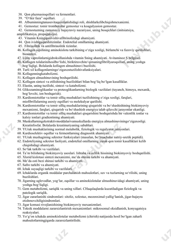 va irsiyat. 2. replikatsiya va hujayra bo‘linishi fazalari. 3. dnk sintezi (replikatsiya): dnk-polimerazalar; polinukleotid zanjirda ma’lum izchillikda nukleotidlarni ketma-ket biriktirish yo‘li bilan gen haqida axborotni shakllantirish. 4. dnk replikatsiyadan so‘ng o‘zgarishlari: metillanish, telomerlanish va reparatsiya. 5. gen strukturasivatashkillanishi: prokariot vaeukariotlarningxromosomalari. 6. rekombinatsiya, izchillikni (ketma-ketlikni) kiritish, transpozonlar, plazmidalar vabakteriofaglar. 7. transkripsiya, mrnkning kovalentmodifikatsiyasi. 8. rnkning posttranskripsion o‘zgarishlari. 9. genetik kod va uning tarkibi. 10. oqsil sintezlovchi tizimning asosiy komponentlari. 11. ribosomalarda polipeptid zanjirining sintezi. polipeptid zanjirining posttranslyasion modifikatsiyasi. 12. matritsali biosintez jarayonlariingibitorlari. 13. prokariot vaeukariotlardagenlarekspressiyasiningboshqarilishi. 14. oqsil sintezi ingibitorlari. 15. genlar ta’sirining boshqarilishi va hujayra differensirovkasi, uning ontogenezdagi ahamiyati. 16. dnkning shikastlanishi, mutatsiyalar va reparatsiya. 17. genetik o‘zgaruvchanlik mexanizmlari. 18. molekulyar mutatsiyalar: almashtirish, deletsiya, nukleotidlar kiritish. 19. nasliy kasalliklar. dnktexnologiyalarining tibbiyotda qo‘llanilishi. 20. apoptoz. gen terapiyasi asoslari. 21. kimyoviy kanserogenez. 22. o‘sma hujayralarning o‘ziga xos xususiyatlari. 23. o‘smaonkogenlari, protoonkogenlariva supressor genlari. 24. neoplastik transformatsiya mexanizmlari. kanserogenezningko‘pbosqichlinazariyasi. 25. invaziya vametastazlanish. 26. o‘smakasalliklaritashhisivadavolashningasosiytamoillari. …