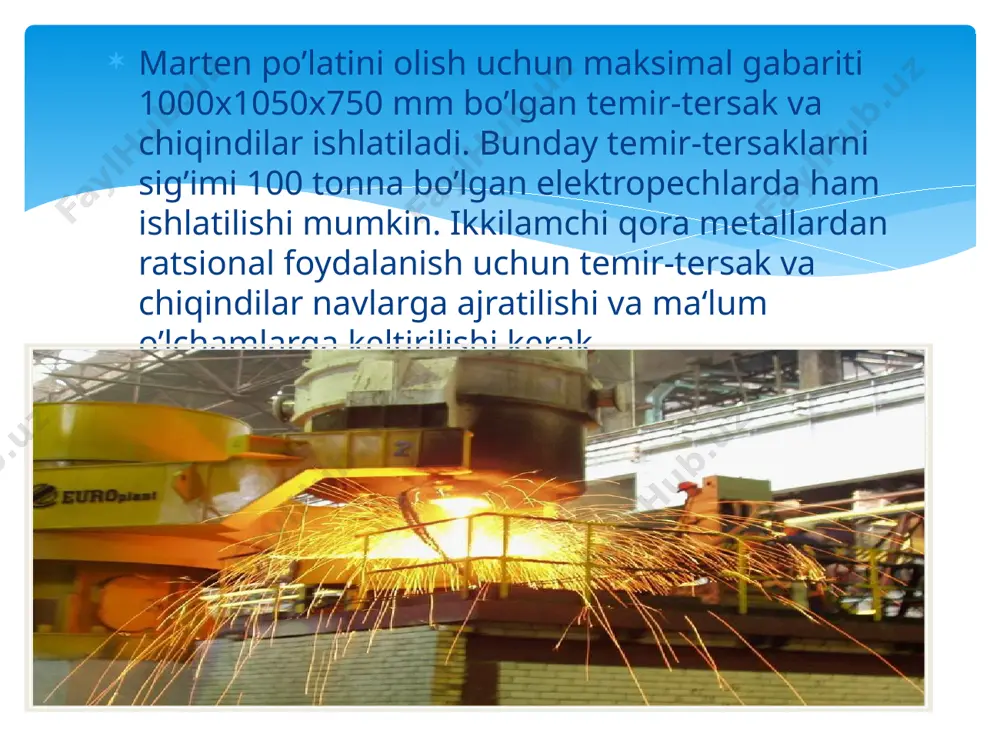 ’lsa xrom borligini, qizg’ish-sariq bo’lsa nikel borligini bildiradi. aralashgan temir-tersaklar va chiqindilar ichida nostandart buyumlarni bo’lishi ularni maxsus uskunalar yordamida navlarga ajratish vazifasini qo’ydi. bu vazifa asosan spektral usullar asosida bajariladi. spektral tahlil usuli bilan navlarga ajratishda statsionar stiloskoplar sl-3, sl-10, sl-11a va ko’chirib yurish mumkin bo’lgan stilaskoplar slp-1, slp-2 qo’llaniladi. kimyoviy usul bilan navlarga ajratishda, kimyoviy moddalarni metalga tomchilanadi yoki kimyoviy moddaga temir-tersak bo’lagi tekkiziladi va kimyoviy moddani ta‘siriga qarab aniqlanadi. navlarga ajratilgandan so’ng temir-tersaklarga birlamchi ishlov beriladi. birlamchi ishlov berish yakunida, temir-tersaklar ruhsat etilgan yiriklikka kerakli kimyoviy tarkibga alohida jamlangan holga keltiriladi. http://www.elibrary.ru/menu_info.asp – ilmiy elektron kutubxona; http://misis.ru – moskva po‘lat va ќotishmalar instituti; http://www.mining-journal.com/mj/mj/mj.htm - mining journal; http://www.minenet.com – mining companies; foydalanilgan adabiyotlar image2.jpeg image3.png image4.png image5.png image6.png /docprops/thumbnail.jpeg