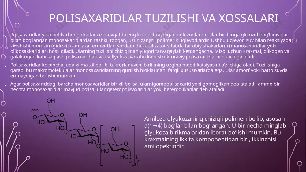 organizmlarning hujayra devorlarida ishlatiladi va yerdagi eng koʻp organik molekula hisoblanadi[5]. u qogʻoz va toʻqimachilik sanoatida muhim rol oʻynashi va koʻplab maqsadlarga ega rayon (viskoz jarayoni orqali), sellyuloza asetat, sellyuloid va nitroseluloza ishlab chiqarish uchun xom ashyo sifatida ishlatiladi. chitin shunga oʻxshash tuzilishga ega, azotni oʻz ichiga olgan, bu uning kuchini oshiradi. u artropodlarning ekzoskeletlarida va baʼzi zamburugʻlarning hujayra devorlarida joylashgan. bundan tashqari, jarrohlik iplarini oʻz ichiga olgan. polisaxaridlarga kalloza yoki laminarin, xrizolaminarin, ksilan, arabinoksilan, mannan, fukoidan va galaktomannanlar ham kiradi. polisaxaridlar tuzilishi va xossalari oziqlanish, polisaxaridlarni umumiy energiya manbalaridir. koʻpgina organizmlar kraxmallarni glyukozaga osongina parchalashi mumkin; ammo, koʻpchilik organizmlar tsellyuloza yoki sellyuloza, xitin va arabinoksilanlar kabi boshqa polisaxaridlarni metabolizatsiya qila olmaydi. ushbu uglevod turlari baʼzi bakteriyalar va protistlar tomonidan metabollanishi mumkin. kavsh qaytaruvchi hayvonlar va termitlar, masalan, tsellyulozani. ushbu murakkab polisaxaridlar tez hazm boʻlmasa ham, ular odamlar uchun muhim oziq-ovqat elementlari hisoblanadi. xun tolasi deb ataladigan bu uglevodlar hazm …