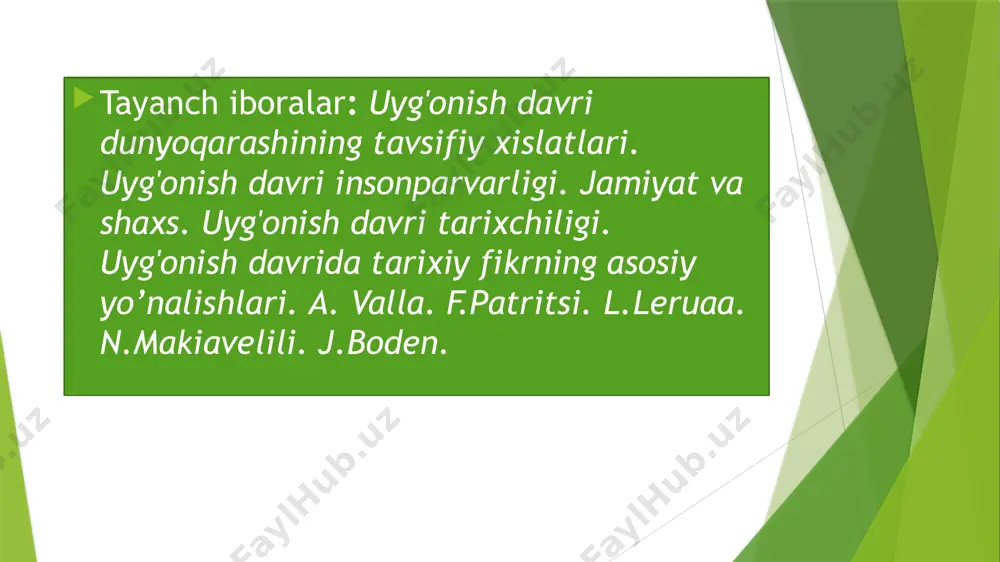 sr oldin (9—12-asrlar) ulkan madaniy koʻtarilish yuz bergan, ilm-fan, falsafa, adabiyot kuchli rivojlanib, ilgʻor insonparvarlik gʻoyalari jamiyat fikrini band etgan, aqliy va ijodiy faollik gurkiragan. bu davr dunyo ilmida „musulmon renessansi“ (a. mets) yoki „sharq uygʻonishi“ (n. i. konrad) nomi bilan atalib kelinmoqda. sharq uygʻonish davrida yevropa uygʻonish davrining asosiy belgilari mujassam: joʻshqin ijodiy faoliyat, ulkan bunyodkorlik ishlarining amalga oshirilgani, aqlni hayratga soluvchi bemisl asarlarning yaratilgani shundan dalolat beradi. italiya meʼmorligida paydo boʻlgan yangi anʼanalar uygʻonish davrining buyuk meʼmorlari ishlarida o’z aksini topdi. jumladan, filippo brunelleski katta gumbazli bino qurish muammosini hal qildi (diametri 42 m boʻlgan 8 qirrali gumbazli santamariya del fore sobori), l. alberti oʻzi yaratgan yangi meʼmoriy kompozitsiyalarini ilmiy nazariy bayon qilgan „meʼmorlik toʻgʻrisida 10 kitob“ asari bilan nazariyotchi olim sifatida namoyon boʻldi. shu tarzda yuksak uygʻonish davri meʼmorligi uslubiga zamin yaratildi. yuksak uygʻonish davri ning asosiy tamoyillari rimda shakllandi va rivojlandi, davrning insonparvarlik gʻoyalari ulugʻvor va …