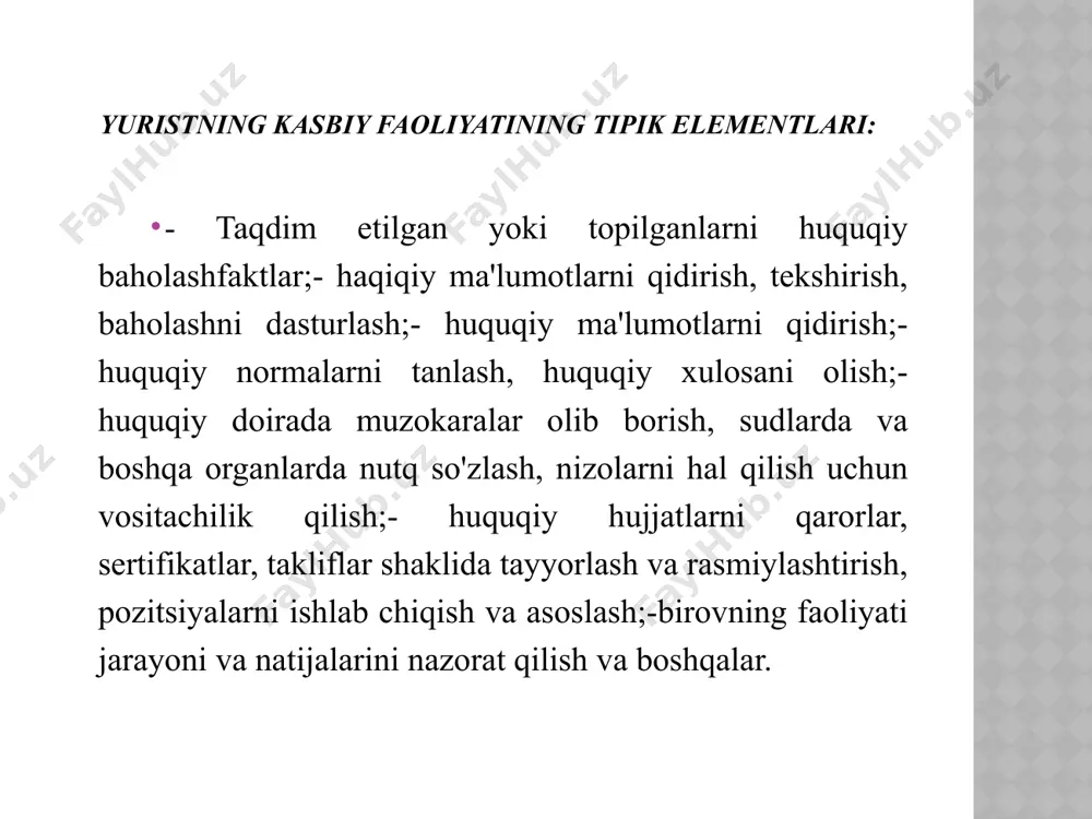 alar.yuridik ish qonunda bevosita nazarda tutilgan hayotiy holat sifatida professional yurist tomonidan huquqiy ta'minotga muhtoj. masalan, jinoyat qonuni jinoyat nima ekanligini va qonun bilan himoyalangan ob'ektlarga tajovuz qilganlik uchun jinoyatchiga qanday jazo turlarini qo'llash kerakligini belgilaydi. jinoyat vakolatli organlar (surishtiruv, dastlabki tergov, prokuratura, sud) tomonidan yuridik (jinoiy) ishni hal qiladigan davlat tomonidan jinoiy jazo choralarini qo'llashni talab qiladi. yuridik kasbning asosiy turlari tergovchi — ichki ishlar organlari, xavfsizlik xizmati, o`zbekiston respublikasi tergov qo'mitasi, giyohvandlik vositalari va psixotrop moddalar aylanishini nazorat qilish organlarining belgilangan tartibda tayinlangan va dastlabki tergovni amalga oshirishning eksklyuziv funktsiyasiga ega bo'lgan mansabdor shaxsi, ya'ni jinoyat ishini to'g'ri hal qilish uchun muhim bo'lgan holatlar to'plamini aniqlashdan iborat harakatlarni amalga oshirish huquqi va muayyan shaxsga jinoyat sodir etganlikda ayblash masalasini hal qilish. yuridik kasbning asosiy turlari yurist-belgilangan tartibda yurist maqomini va yuristlik faoliyatini amalga oshirish huquqini olgan shaxs. yurist huquqiy masalalar bo'yicha mustaqil maslahatchi hisoblanadi. yuridik yordam ko 'rsatadi, …