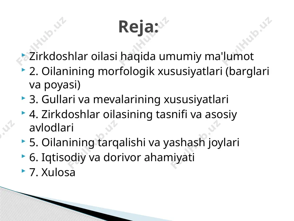 b, yashil rangdagi fotosintezlovchi poyalar (klodiyalar) yoki to‘p-to‘p barglar bilan birga uchraydi. poyalari ko‘pincha tik o‘suvchi, shoxlangan bo‘lib, ayrim turlarda o‘tkir tikanlar bilan qoplangan bo‘ladi. bu tikanlar barglarning metamorfozlashgan shakli hisoblanadi va o‘simlikni o‘txo‘r hayvonlardan himoya qilish vazifasini bajaradi. oilanining morfologik xususiyatlari (barglari va poyasi) zirkdoshlar oilasi a'zolarining ildiz tizimi odatda yaxshi rivojlangan bo‘ladi. ko‘pchilik turlarning ildizlari va poya po‘stlog‘i o‘zining yorqin sariq rangi bilan ajralib turadi. bu rang berberin kabi alkaloidlarning mavjudligi bilan bog‘liq. tikanlarning mavjudligi, ayniqsa zirk (berberis) avlodida, oilaning muhim morfologik belgisidir. bu tikanlar nafaqat himoya funksiyasini bajaradi, balki o‘simlikning tashqi ko‘rinishini ham belgilab beradi. tikanlar barg qo‘ltig‘idan chiqqan qisqargan novdalar yoki o‘zgargan barglar bo‘lishi mumkin, ularning shakli va o‘lchami turga qarab farqlanadi. morfologik xususiyatlar (ildiz va tikanlar) zirkdoshlar oilasi vakillarining gullari odatda ikki jinsli, aktinomorf (to‘g‘ri) tuzilishga ega. gulqurg‘on odatda kosacha va tojbarglardan iborat bo‘lib, ular ko‘pincha ko‘p qatorli joylashgan. kosachabarglar va tojbarglar soni har xil …