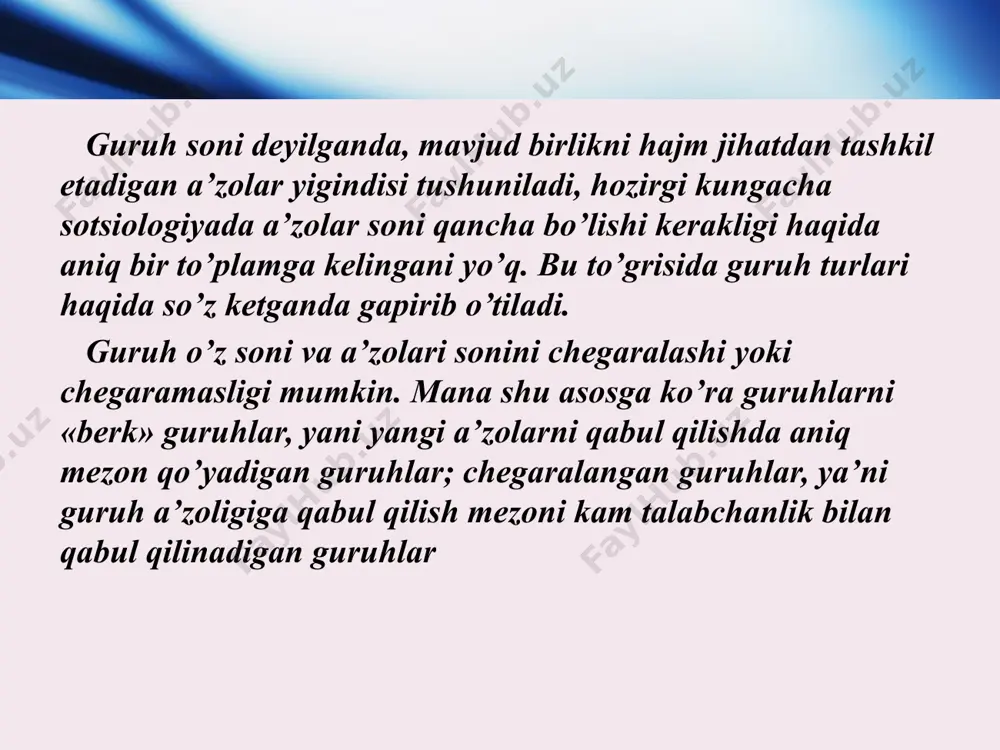 tuzilgan har qanday turdagi guruhlarga aytiladi. ularda moddiy aloqalar muhim ahamiyatga ega. ularning faoliyati tartib-intizom qoidalari bilan boshqariladi. umuman, ikkilamchi guruhlar – bu katta guruhlardir. ba’zan birlamchi guruhlar ham ikkilamchi guruh bo’lishi mumkin. ikkilamchi guruhlarga kasbiy, diniy, siyosiy guruhlarni kiritish mumkin. referent va a’zoli guruhlar. kichik guruhlarni o’rganishning jihatlaridan biri bo’lib, «referent guruh» termini amerikalik sotsial psixolog mustafo sherif tomonidan kiritilgan. «referent guruh» termini (inglizcha so’z, «mansub bo’lish» degan ma’noni anglatadi) individ ongli ravishda kiradigan sotsial guruhlarga (iqtisodiy, siyosiy, madaniy, kasbiy) nisbatan ishlatiladi. inguruh va autguruh - individ o’zining mansubligini belgilaydigan guruhlar hisoblanadi. inguruh bu individ tomonidan o’zini muayyan guruhga taalluqli, mansub deb qaraydigan guruhlarga aytiladi. masalan, “mening talabalik guruhim”, “mening oilam”, “mening tashkilotim”. undan farqli ravishda autguruhlarga nisbatan individ bunday yaqinlikni sezmaydi. o’zi bevosita mansub bo’lmagan guruhlar to’g’risida individ “ular” degan tushunchani ishlatadi. inguruh a’zolari o’rtasida ruhiy yaqinlik, umumiy qiziqishlar, qadriyatlar, maqsadlar kuzatiladi. e’tiboringiz uchun raxmat! logo image2.jpeg image3.png …