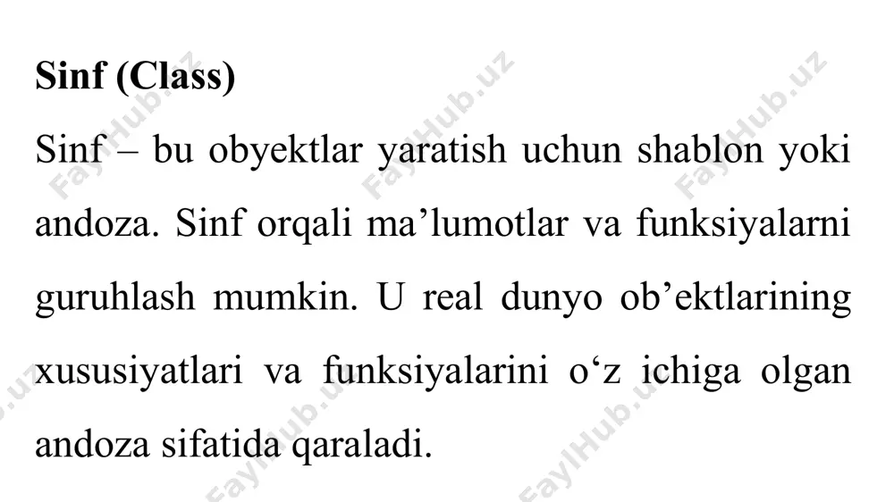 foydalanuvchi faqat kerakli metodlar orqali ular bilan ishlaydi. moslashuvchanlik: foydalanuvchi interfeysini o‘zgartirmasdan ichki mexanizmlarni o‘zgartirish imkoniyatini yaratadi. pythonda inkapsulyatsiya pythonda inkapsulyatsiyani amalga oshirish uchun atributlar va metodlarni quyidagi uch xil darajada yashirish mumkin: ochiq (public): barcha joylardan kirish mumkin bo‘lgan atributlar va metodlar. yopiq (protected): faqat sinf va undan meros olgan sinflar ichida foydalaniladigan atribut va metodlar. xususiy (private): faqat sinf ichida foydalaniladigan atribut va metodlar. ochiq atributlar va metodlar odatda, pythonda ochiq (public) atributlar oddiy holda e’lon qilinadi va ularga sinfdan tashqarida ham to‘g‘ridan-to‘g‘ri murojaat qilish mumkin. class avtomobil: def __init__(self, model, rang): self.model = model # public atribut self.rang = rang # public atribut avto = avtomobil("nexia", "oq") print(avto.model) # natija: nexia avto.rang = "qora" # ochiq atributni o‘zgartirish print(avto.rang) # natija: qora yopiq (protected) atributlar va metodlar yopiq atributlar odatda bitta pastki chiziq (_) bilan belgilanadi. bunga to‘g‘ridan-to‘g‘ri kirish mumkin bo‘lsa-da, bu atributni faqat sinf va uning …