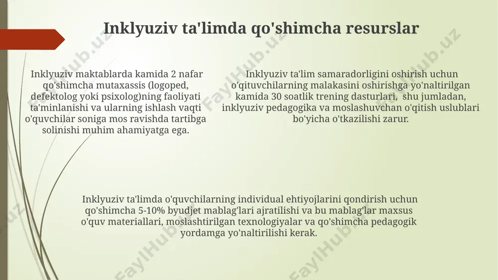 asoslangan baholash o'tkazish muhim. inklyuziv ta'limning global amaliyoti jahon sog'liqni saqlash tashkiloti ma'lumotlariga ko'ra, dunyo bo'ylab 150 milliondan ortiq nogiron bolalar bor, ularning ko'pchiligi inklyuziv ta'lim imkoniyatlaridan mahrum. inklyuziv ta'lim samaradorligini oshirish uchun, o'qituvchilarning malakasini oshirish, moslashtirilgan o'quv dasturlari va resurslarni yaratish kabi 5 ta asosiy yo'nalish bo'yicha global miqyosda keng ko'lamli ishlar olib borilmoqda. inklyuziv ta'limning global amaliyoti shuni ko'rsatadiki, 2020-yilga kelib, 100 dan ortiq davlat inklyuziya siyosatini qabul qilgan, biroq amaliyot darajasi va sifat ko'rsatkichlari sezilarli darajada farq qiladi. inklyuziv ta'limda o'quv dasturlari inklyuziv ta'lim dasturlari kamida 30% amaliy mashg'ulotlarni, o'quvchilarning individual ehtiyojlarini hisobga olgan holda differensiatsiya qilingan topshiriqlarni o'z ichiga olishi kerak. inklyuziv ta'lim dasturlari, o'quvchilarning 70% dan ortig'i o'zlashtirishi mumkin bo'lgan o'rtacha qiyinchilik darajasiga ega bo'lgan 2-3 ta asosiy o'quv maqsadlarini aniq belgilashi lozim. inklyuziv ta'lim dasturlari, o'quvchilarning 70% dan ortig'i o'zlashtirishi mumkin bo'lgan o'rtacha qiyinchilik darajasiga ega bo'lgan 2-3 ta asosiy o'quv maqsadlarini aniq belgilashi …