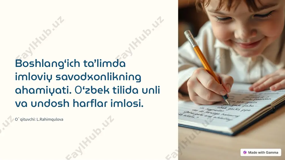 ://gamma.app/?utm_source=made-with-gamma qo'sh undosh harflar imlosi 1 samarqand,baland,poyezd, do`st,artist,g`isht so`zlarida bir undosh talaffuzda aytilmasa ham yoziladi. 2 metall,kilogramm,kilovatt,kongress kabi o`zlashma so`zlar oxirida bir undosh aytilsa ham ikki harf yoziladi. 3 yuqoridagi so`zlarga shu tovush bilan boshlanuvchi qo`shimcha qo`shilsa bir harf yozilmaydi. misol:metall+lar=metallar https://gamma.app/?utm_source=made-with-gamma 1 ng chetdan kirib kelgan so`zlarda alohida ikki tovushni ifodalaydi. masalan: kon-gres, shtan-ga 2 ng o`zbek tilidagi yangi,ko`ngil,singil,dengiz,keling,bordingiz,tong,ming,teng kabi so`zlarda harfiy birikma hisoblanadi. tanga, ingliz, kabi so`zlarda alohida-alohida tovushni ifodalaydi. https://gamma.app/?utm_source=made-with-gamma undoshlar imlosi 1 korinmaslik,yopnbpsh,shanba,yonma-yon,jonbozlik, so`zlarida n harfi m tarzida talaffuz qilinsa ham n yoziladi.. 2 mo`jiza, mo`tadil, mo`tabar so`zlarida o` unlisi cho`ziq talaffuz qilinsa ham tututq belgisi qo`yilmaydi 3 so`z boshida kelgan i harfidan keyin h harfi e harfidan keyin x harfi keladi. masalan: ehtimol, ehson, ixtiro, ixlos https://gamma.app/?utm_source=made-with-gamma tutuq belgisining qo`llanilishi unlidan keyin kelgan tutuq belgisi unlini cho`ziq talaffuz qilinishini ta`minlaydi.masalan: ra`no, a'lo. undoshdan keyin kelgan tutuq belgisi undoshni unlidan ajratib talaffuz qilishga xizmat qiladi. masalan: …