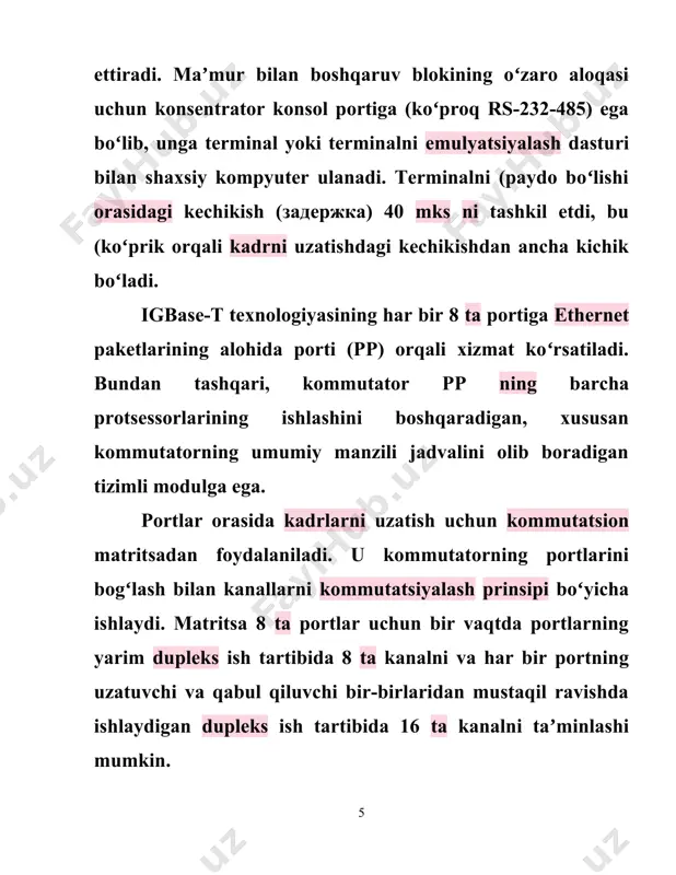 gi 4x10 = 40 mbit/s ni, n portlar uchun umumlashtirilganda esa (n/2)xl0 mbit/s ni tashkil etadi. bunday holatda kommutator uning portlariga ulangan har bir stansiyaga va segmentga protokolning ajratilgan oʻtkazish xususiyatini taqdim etadi, deyiladi. tabiiyki, tarmoqda hamma vaqt yuqorida bayon etilgan holat boʻlavermaydi. agar ikki stansiyadan, masalan, 3 va 4-portlarga ulangan stansiyalardan bir vaqtda 8-portga ulangan oʻsha bir serverga yozish kerak.joylashtiradi, bundan keyin protsessor chiqish portining boʻshashini va kommutatsion matritsada kerakli yoʻlning hosil boʻlishini kutadi. 1.kerakli yoʻl oʻmatilganidan keyin, unga chiqish porti qabul qiladigan kadrning buferga joylashtirilgan baytlari yoʻnaltiriladi. chiqish porti protsessori unga csma/cd algoritmi boʻyicha ulangan ethernet segmentiga ruxsatni olishi bilan kadrning baytlari tarmoqqa uzatila boshlanadi. kirish port protsessori doimo oʻz buferida qabul qilinadigan kadrning bir necha baytlarini saqlaydi, bu unga mustaqil va asinxron ravishda kadr baytlarini qabul qilish va uzatish imkoniyatini beradi. 2.kommutatsion matritsaning tuzilish va ishlash prinsipi kommutatsion matritsa orqali portlarning oʻzaro taʼsiriga misollardan biri 3.1-rasmda keltirilgan. …