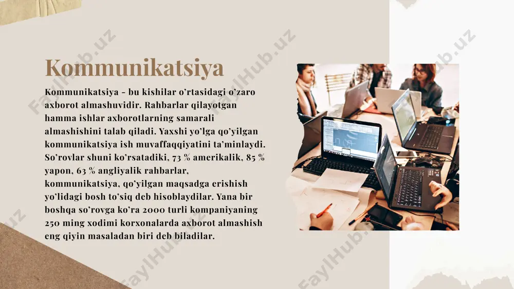 ositalari va platformalaridan foydalaning. 5. samarali muloqot bo'yicha treninglar o'tkazing: menejerlar va xodimlar uchun samarali muloqot qobiliyatlari bo'yicha o'quv dasturlarini taklif qiling. 6. oshkoralikni targ‘ib qilish: tashkilot maqsadlari, strategiyalari va samaradorligi haqida xodimlar bilan ma’lumot almashishda shaffof bo‘ling. 7. fikr-mulohaza mexanizmlarini o‘rnatish: aloqa va ish tizimlari bo‘yicha xodimlardan ma’lumotlarni yig‘ish uchun so‘rovlar, takliflar qutilari va ish faoliyatini muntazam tekshirish kabi qayta aloqa mexanizmlarini joriy qiling. 8. hamkorlik va jamoaviy ishlashni rag'batlantirish: o'zaro funktsional loyihalar, jamoani shakllantirish faoliyati va bilim almashish uchun imkoniyatlar yaratish orqali xodimlar o'rtasida hamkorlik va jamoaviy ishlashni rag'batlantirish. 9. muloqot samaradorligini kuzatib boring va baholang: tashkilot ichidagi aloqa va ish tizimlari samaradorligini muntazam ravishda kuzatib boring. ushbu strategiyalarni amalga oshirish orqali menejerlar boshqaruv tizimidagi aloqa va ish tizimlarining rivojlanishini kuchaytirishi mumkin. aniq aloqa kanallari, ochiq muloqot madaniyati, samarali protokollar, texnologiyalardan foydalanish, o'quv dasturlari, shaffoflik, qayta aloqa mexanizmlari, hamkorlikni rag'batlantirish, monitoring va baholash kommunikativ va samarali ish muhitini …