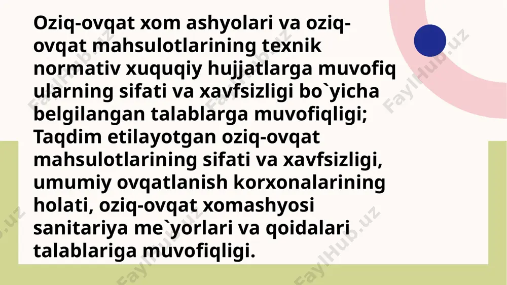 ak (belgilangan oziqlanish standartlaridan 10% og`ish bilan), boshqa oziq-ovqat mahsulotlari (baliq, tuxum, pishloq, tvorog, smetana)- haftasiga 2-3 shu bilan birga bolalar uchun oziq-moddalar va energiya iste`mol qilish me`yorlariga rioya qilish sharti bilan oyning oxirida belgilangan ovqatlanish standartlari bajarilishi kerak. 10% iga og`ishishga yo`l qo`yiladi. ovqat pishirish usullari jihatidan yumshoq-avaylovchi bo`lishi kerak va asosan qaynatish, dimlash va bug` bilan pishirish lozim pasterizatsiya qilinmagan sutdan tayyorlangan tvorog va issiqlik ishlovi berilmagan smetana va tvorog tayyorlash; xom sut va yirik ochiq idishlarda keltirilgan pasterizatsiya qilingan sutni oldindan qaynatmasdan ishlatish; 16 qiymalangan go`shtdan makaron, xom qiyma bilan blinchik va pirog tayyorlash; go`sht va baliqdan dirildoq tayyorlash; kremli qandolat mahsulotlari; kvars, mors va boshqa qo`lda tayyorlanadigan ichimliklar, gazlangan ichimliklar; qovurilgan tuxum; sovitilgan go`sht, parranda go`shti, baliqni muzlatish. namunaviy 2 haftalik ratsion oziq-ovqat mahsulotlarini yetkazib berish jadvalini hisobga olgan holda ishlab chiqiladi. tegishli turdagi muassasalar uchun ratsiondagi ovqatlanish me`yorlarining bajarilishi ularda bolalarning bo`lishimuddatiga qarab tahlil qilinishi …