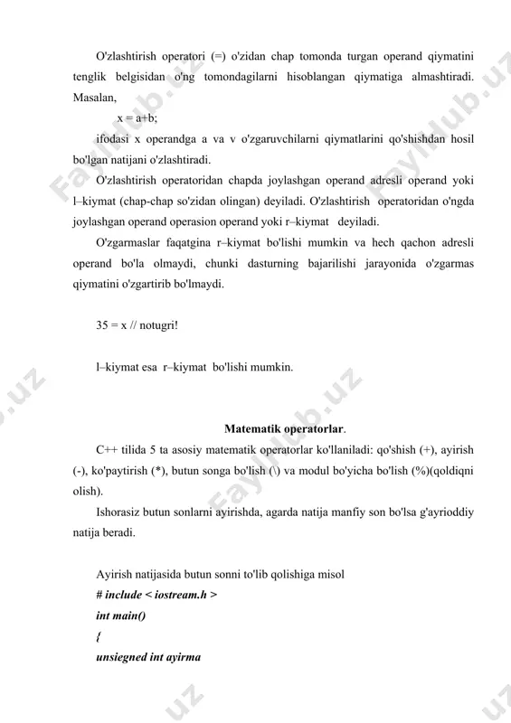 tiradi. borland c++ dastur zamonaviy vizual loyihalash texnologiyasi asosida ob`ektga yo`naltirilgan dasturlash nazariyasini hisobga olgan holda tuziladi. borland c++ builder 6 sistemasi c++ tilining rivoji bo`lgan ob`ektga yo`naltirilgan object c/c# dasturlash tillarini ishlatadi. borland c++ builder sistemasi dasturni loyihalash va yaratish vaqtini kamaytiradi, hamda windows muhitida ishlovchi dastur ilovalarini tuzish jarayonini osonlashiradi. men c++ dasturi strukturasi xaqida, belgilar bayoni, algoritm va dastur tushunchasi, ma’lumotlarni kiritish va chikarish operatorlari xamda dasturda ishlatiladigan toifalar, ifodalar va operatorlar hamda sinflar va funksiya bilan ishlash xaqida bilim va kunikmalarga ega bo`ldim. foydalanilgan adabiyotlar. 1. sh.а.nаzirоv, r.v.qobulоv «оb’еktgа mo‘ljаllаngаn dаsturlаsh » 2. xaldjigitov a.a., madraximov sh. f., adambayev u.e., eshboyev e.a., informatika va programmalash. t.:o`zmu, 2005, -148. 3. гради буч. объектно –ориентированной анализ и проектирование с примерами приложений на с++. невский диалект, 560 стр, 2001 г. 4. грехем и. объектно ориентированные методы. принципы и практика. вильямс. 879 стр, 2004 г. 5. иванова г.с. объектно ориентированное …