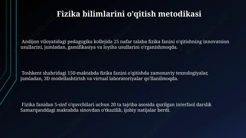 rda tushuntirishga yordam beradi. zarrachalar fizikasi, katta energiyali zarrachalarni 10⁻¹⁸ metrdan kichik masofalarda o'rganadi va cern (shveysariya)dagi katta adron kollayderi kabi ulkan apparaturalardan foydalanadi. klassik fizika bo'limlarining tizimli tahlili termodinamikaning 4 ta asosiy qonuni, 19-asrda angliyada va germaniyada rivojlangan, energiya saqlanish qonuni kabi muhim tushunchalarni o'z ichiga oladi va 10 -23 darajadagi mikroskopik jarayonlarni makroskopik darajada tavsiflaydi. elektromagnit nazariyasi, 19-asr oxirida skotlandiya va fransiyada o'tkazilgan tadqiqotlar natijasida paydo bo'lib, maxvell tenglamalari bilan ifodalanadi va elektromagnit to'lqinlarning tezligini 3×10 8 m/s deb aniqlaydi. klassik mexanikaning 3 ta asosiy qonuni – nyuton qonunlari – butun klassik fizika uchun 17-asrda, asosan evropada, asos bo'lib xizmat qilgan va ko'plab fizik hodisalarni tushuntirishga imkon bergan. e'tiboringiz uchun rahmat @taqdimot_robot