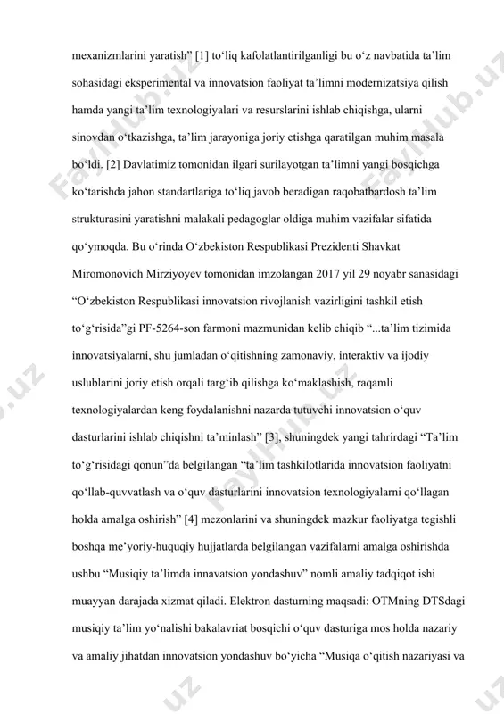 va talabaning vazifalarini aniqlash; ta’lim jarayonida bir turdagi yoki boshqa kompyuter dasturlarini ishlatishda paydo bo‘lgan kompyuter, kompyuter va talaba; musiqa ta’limida kompyuter texnologiyalarini qo‘llash shakllarining xilma-xilligini ko‘rsatish; musiqa ta’limini kompyuterlashtirishni rivojlantirishning ayrim istiqbollarini aniqlashdan iborat bo‘ladi. bundan tashqari elektron darslikda 6-7 sinf dasrligida tavsiya etilgan mumtoz ashulularni o‘rganish va o‘zlashtirishda bir qator ilg‘or pedagogik yutuqlarni ham o‘zida mujassam etgan. zero, mumtoz ashulalar o‘zining salobati, keng qamrovligi va purmanoligi bilan ham qimmatlidir. elektron dasturda “o‘n ikki maqom”, “shashmaqom”, “xorazm maqomlari”, “toshkent va farg‘ona musiqa yo‘llar” bo‘limlari orqali xalq orasida keng tarqalgan va ommalashgan “ushshoq”lar, “feruz”lar, “bayot”lar, “suvora”lar, “chorgoh”larni tinglash va o‘rganish bo‘yicha tavsiyalar keltirilgan. xulosa sifatida shuni aytib o‘tish lozimki, yaratilgan mazkur elektron darslik yolarimizni milliy musiqa madaniyatimizni o‘rganishda bugungi zamon talab etayotgan o‘qitishning yangicha usullari qo‘llagan holda ta’lim sifat samaradorligiga erishishda muhim qadamlardan biri bo‘ladi deb o‘ylaymiz. respublikada yaratilgan ko‟plab asarlar orasida musiqiy meros bilan xarakterlanadigan, milliy tabiat, milliy o‟zlikning …