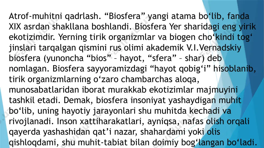 agi har qanday jarayonlarning manbayi va boshlanishi quyosh energiyasi hisoblanadi. energiyaning aylanishi moddalarning aylanishi bilan chambarchas bog‘liq. moddalar kichik (biologik) va katta doiralarda (geologik) aylanadi. tirik organizmlarni o‘rab turgan fizik qurshov yoki tevarakatrofdagi o‘zaro bog‘lanishlardagi shart-sharoitlar va ta’sirlar majmuyi muhit deb ataladi. odatda tabiiy va sun’iy muhitlar ajratiladi, ularning o‘zaro bog‘liqligini ekologik muhit tushunchasi ifodalaydi. organizmlarning yashashi uchun bir yoki bir nechta muhitlar zarurdir. hayot muhitlari alohida yashash muhitlariga bo‘linadi. yashash muhiti hayot muhitining geografik va ekologik xususiyatlari bilan ajraluvchi qismidir. masalan, suv hayot muhitida chuchuk va sho‘r suvli yashash muhitlari, oqar va oqmas yashash suv muhitlariga ajratiladi. yashash muhiti, yashash joyi va geotoplarga bo‘linadi. ekotizimning barcha elementlari ham biotik, ham abiotik omillar ta’siridandir. bu jarayonlar muayyan muhit sharoitlarida ro‘y beradi. muhitning tirik organizmlarga to‘g‘ridan to‘g‘ri ta’sir etuvchi tarkibiy qismlari ekologik omillar deb ataladi. hozirda ushbu omillarning kelib chiqish vaqti bo‘yicha muhitga, xarakteriga, ta’sir etish xususiyatlariga qarab abiotik (o‘lik tabiatning …