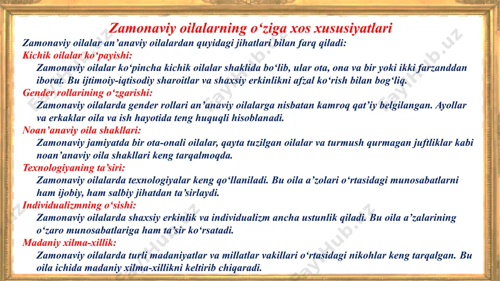 inchi maktab, ota-ona esa birinchi ustozdir. oila tarbiyasi quyidagi jihatlarda namoyon bo‘ladi: shaxsiyat shakllanishining asosi — bola oilada sevgi, ishonch va xavfsizlik muhitida ulg‘ayib, o‘zligini anglashga o‘rganadi. ijtimoiy moslashuv — bola jamiyatda qanday munosabatlarda bo‘lishni, odob-axloq normalarini oiladan o‘rganadi. emotsional barqarorlik — oilaviy qo‘llab-quvvatlash, mehr va tushunish bolada ruhiy barqarorlik va o‘ziga ishonch hissini rivojlantiradi. oila tarbiyasining o‘ziga xos xususiyatlari: individuellik — har bir bola o‘ziga xos shaxs, va tarbiya ham uning individual xususiyatlariga moslashgan bo‘lishi kerak. doimiylik — tarbiya jarayoni to‘xtovsiz davom etadi va kundalik hayotda tabiiy tarzda amalga oshadi. o‘zaro munosabatlar — oila ichidagi kommunikatsiya usullari (muloqot, mehr, tushunish) bolaga kuchli ta’sir qiladi. oila tarbiyasining vositalari: shaxsiy namuna — ota-onalarning xulq-atvori, hayot tarzi bolalarga bevosita ta’sir qiladi. an’analar va urf-odatlar — oila ichidagi marosimlar, bayramlar, odatlar tarbiyaning tabiiy vositalaridir. muloqot va maslahatlar — bolalar bilan ochiq muloqot qilish, ularning fikrini tinglash va yo‘naltirish tarbiyaning muhim qismi hisoblanadi. zamonaviy …