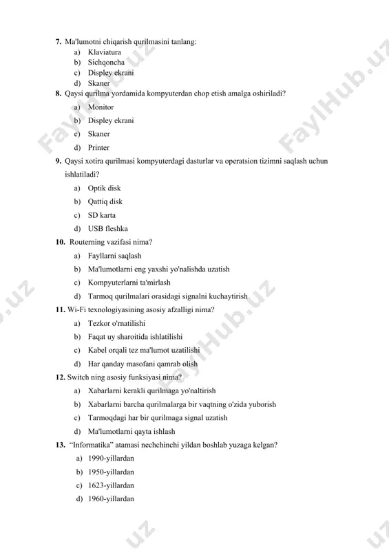 alari orasidagi signalni kuchaytirish 1. wi-fi texnologiyasining asosiy afzalligi nima? 0. tezkor o'rnatilishi 0. faqat uy sharoitida ishlatilishi 0. kabel orqali tez ma'lumot uzatilishi 0. har qanday masofani qamrab olish 1. switch ning asosiy funksiyasi nima? 0. xabarlarni kerakli qurilmaga yo'naltirish 0. xabarlarni barcha qurilmalarga bir vaqtning o'zida yuborish 0. tarmoqdagi har bir qurilmaga signal uzatish 0. ma'lumotlarni qayta ishlash 1. “informatika” atamasi nechchinchi yildan boshlab yuzaga kelgan? 12. 1990-yillardan 12. 1950-yillardan 12. 1623-yillardan 12. 1960-yillardan 1. axborot atamasi qaysi so‘zdan olingan? 13. infocession 13. information 13. informatio 13. info 1. texnologiya atamasi grek tilidan tarjima qilinganda qanday ma’no anglatadi? 14. “techno” – hunar, usta 14. “logos” – fan 14. “techno” – hunar, usta; “logos” – fan 14. “techne” – san’at, mohirlik, uquv 1. texnologiya atamasi yunon tilidan tarjima qilinganda qanday ma’no anglatadi? 15. “techne” – san’at, mohirlik, uquv 15. “techno” – hunar, usta 15. “logos” – fan 15. “techno” …