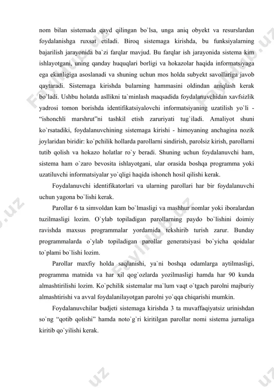 rak. sistemaga muvaffaqiyatli kirilganda, undan oxirgi marta foydalanilgan sana va vaqt aks ettirilishi lozim. foydalanuvchilar budjeti ma`lum vaqt foydalanilmagandan so`ng blokirovka qilinishi shart. yuqori tavakkalli sistemalar uchun: bir qancha beruxsat kirish uchun urinib ko`rishlardan so`ng sistema ogohlantirish signalini berishi va bu urinishlarni amalga oshirayotgan foydalanuvchi uchun serverning yolg`on xabarlarini berishi lozim. chunki u sistemaga qo`shilgan holda turgan vaqtda xavfsizlik administratori uning joylashgan o`rnini aniqlashga harakat qiladi. foydalanilgan adabiyotlar ro`yxati: 1. brassar. j. «sovremennaya kriptologiya» ,moskva, «polimed», 1999 g. 2. petrov a.a. «kriptograficheskiye metodo` zahito`» ,moskva,dmk, 2000 g. 3. romanets y.v., timofeyev p.a. «zahita informatsii v sovremenno`x kompyuterno`x sistemax» , moskva, radio i svyaz, 1999 g. 4. panasenko s. «zahita elektronno`x dokumentov» ,moskva, fis, 2000 g. 5. vasina ye. n., golitsina o «informatsionno`ye resurso` i bazo` danno`x», moskva, rggu, 1998 g. 6. popov i.i. «avtomatizirovanno`ye informatsionno`ye sistemo`» , moskva, rggu, 1998 g. 7. mitchell sh. «tolkovo`y slovar kompyuterno`x texnologii», moskva,2000g 8. …