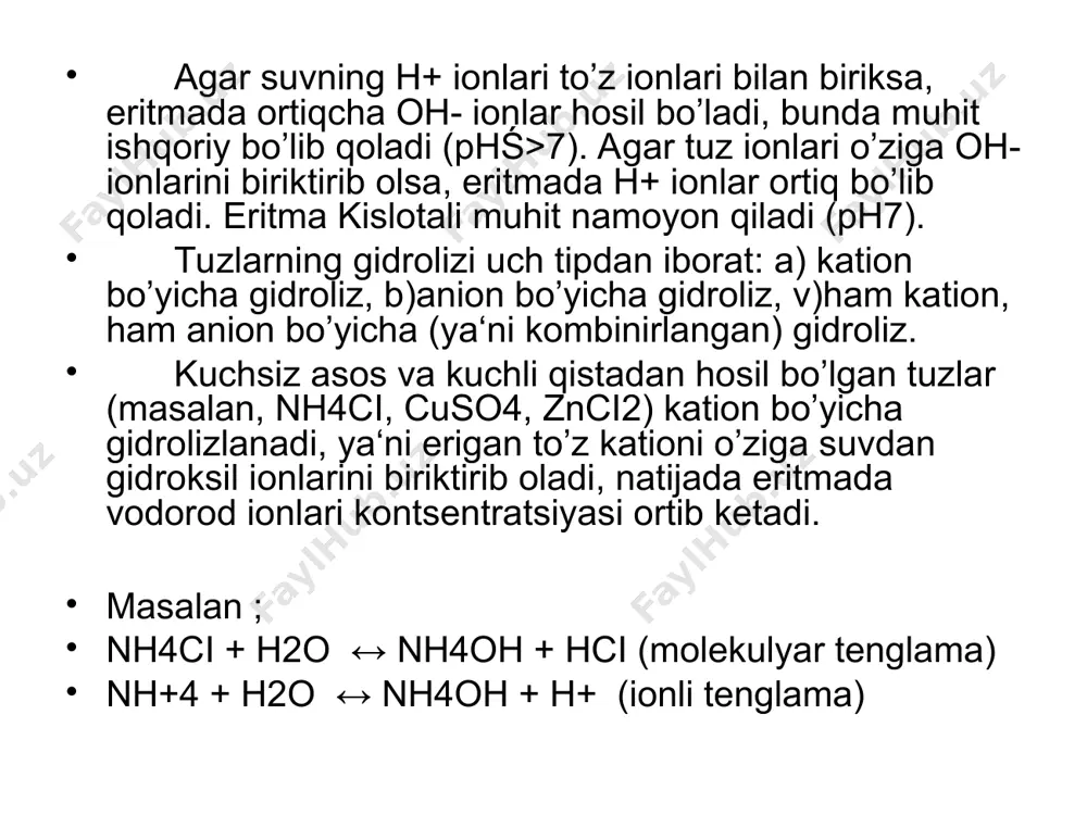 eritmasini solib, ustiga 3-4 tomchi k3[fe(sn)6] dan qo`shiladi. probirka chetlarida yashil tusli ko`k cho`kma hosil bo`ladi. 2. ishqorlar bilan ochish. feso4+2koh→fe(oh)2↓+k2so4 fe+2 + oh- → fe(oh)2↓ probirkaga solingan 1-2 tomchi temir sul’fat eritmasi ustiga 3-4 tomchi ishqor (naoh yoki koh) eritmasi qo`shiladi. kir ko`k rangli cho`kma hosil bo`ladi. fe+3 kationini ochish reaksiyalari 1. kaliy geksatsianoferrat k4[fe(cn)6] bilan ochish. 4fecl3+3к4[fe(сn)6] → fe4[fe(сn)6]3↓+12kcl 4fe+3 +3[fe(cn)6]4- → fe4[fe(cn)6]3↓ probirkaga 2-3 tomchi fe+3 tuzi eritmasidan solib, ustiga 3-4 tomchi k4[fe(cn)6] eritmasidan qo`shiladi. to`q ko`k rangli «berlin lazuri» cho`kmasi hosil bo`ladi. 2. ammoniy rodanid bilan ochish. fecl3+3 nh4сns→ fe(сns)3 +3nh4cl fe3+ + 3сns- → fe(сns)3 1-2 tomchi fe+3 tuzi eritmasi ustiga 3-4 tomchi ammoniy rodanid eritmasi qo`shiladi. qizil qon rangli kompleks eritma hosil bo`ladi. 2-3 tomchi nikel’ tuzi eritmasiga 1-2 tomchi suyultirilgan nh4oh eritmasidan va 3-4 tomchi dimetilglioksim qo`shiladi. qizil-lola rangli cho`kma hosil bo`ladi. ni2+ ni aniqlashga fe+2 kationlari xalaqit beradi. shuning uchun ularni yo`qotish …