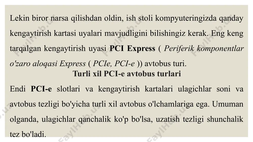 rnatish vaqti keldi. ish stoli kompyuteriga kengaytirish kartasini o'rnatish kengaytirish kartasini o'rnatish nisbatan oson. sizga asboblar kerak bo'lishi mumkin yoki bo'lmasligi mumkin, chunki ba'zi kompyuter korpuslari asboblarsiz. eng ko'p, korpusning yon tomonini ochish va kengaytirish kartasini kompyuter korpusiga mahkamlash uchun sizga philips boshli tornavida kerak bo'lishi mumkin. elektr simini kompyuterdan uzing. elektr simini uzgandan so'ng, qolgan energiyani chiqarish uchun qo'lingizni korpusning istalgan metall qismiga qo'ying. hech qachon elektr tarmog'iga ulangan va quvvatlangan tizimda ishlamang. kompyuter korpusini oching. ushbu qadam odatda yon yoki yuqori panelni olib tashlashni talab qiladi. kompyuter korpusining orqa tomoniga qarang va anakart ulanishlari qaysi tomonda ekanligini aniqlang. siz olib tashlashingiz kerak bo'lgan yon panel bularning qarama-qarshi tomonida joylashgan. 3.korpusning orqa tomonidagi kengaytirish uyasi qopqog'i panelini olib tashlang. ba'zi kengaytirish uyasi panellari ularni joyida ushlab turadigan vintga ega; ba'zilari to'g'ridan-to'g'ri korpusning metall orqa tomoniga muhrlangan. agar u muhrlangan panel bo'lsa, uni sindirish uchun oldinga va orqaga ishlov berishingiz …