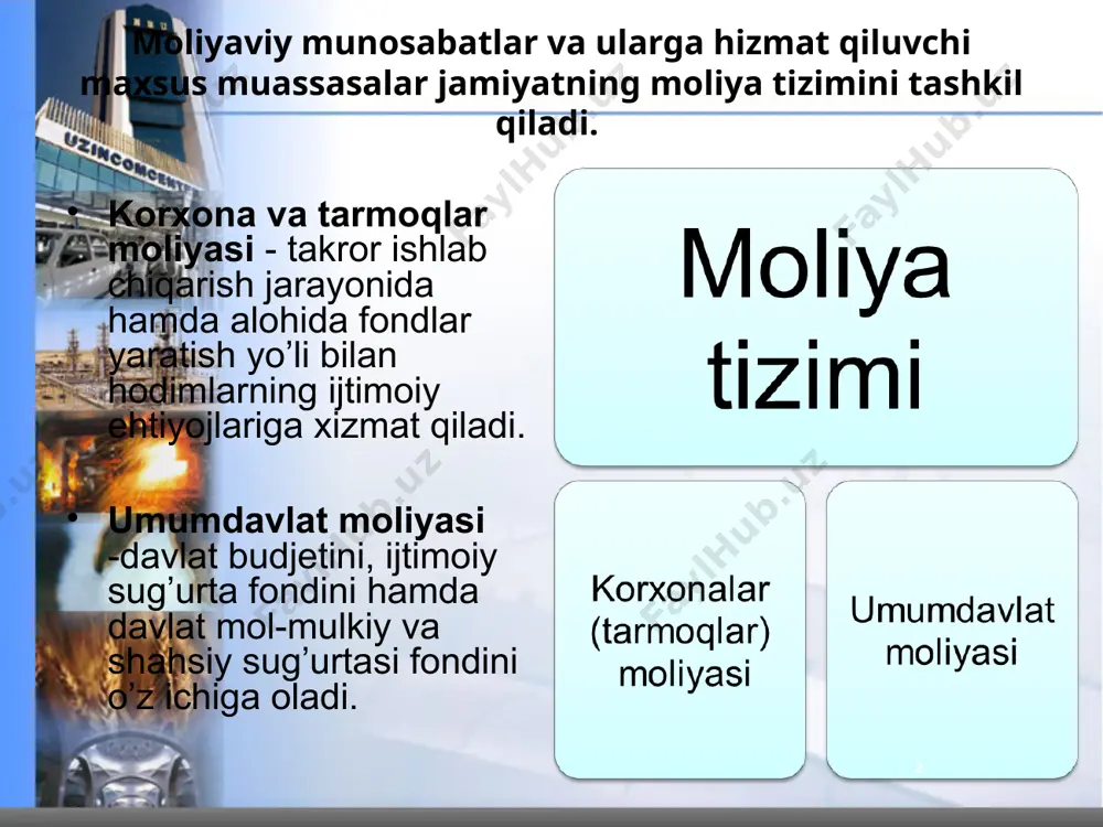 ti sharoitida mustaqil kategoriya sifatida amal qiladi va moliyaviy munosabatlarining tarkibiy qismi bo’lib uni yig’ish davlat tomonidan belgilanadi. davlat soliqlari, ularning tashkil qilinish shakl va usullari birgalikda soliq tizimini tashkil qiladi. * maғor facts about uzbekistan * vazifalari milliy daromadni taqsimlash мa qayta taqsimlash iqtisodiyotni tartibga solish davlat harajatlarini moliyalashtirish iqtisodiy fasliyatni rag’batlantirish ijtimoiy tanglikni yumshatish maғor facts about uzbekistan soliq hajmining o’sib borishini ta’minlovchi omillar aholi sonining o’sishi ijtimoiy soha sifatiga talabning ortishi va urbanizatsiya atrof muhitning ifloslanishi daromadlar tengsizligini qisqartirish dasturlarini amalga oshirish milliy mudofaa, davlat xavfsizligining ta’minlash harajatlari hajmining o’sishi aholi jon boshiga davlat sarflari o’zgarmay qolgan taqdirda ham aholining o’sgan qismini ijtimoiy ne’matlar va hizmatlar bilan ta’minlash qo’shimcha mablag’larni zarur qilib qo’yadi kishilar turmush darajasining ortishi ijtimoiy soha xizmatlari hajmiga va sifatiga talabni oshiradi. aholi sonining o’sishi va urbanizatsiyaning kuchayishi atrof-muhitning sifati muammosini keskinlashtiradi.juda ko’p miqdordagi moddiy ne’matlarni ishlab chiqarish va iste’mol qilish havo, suv va …
