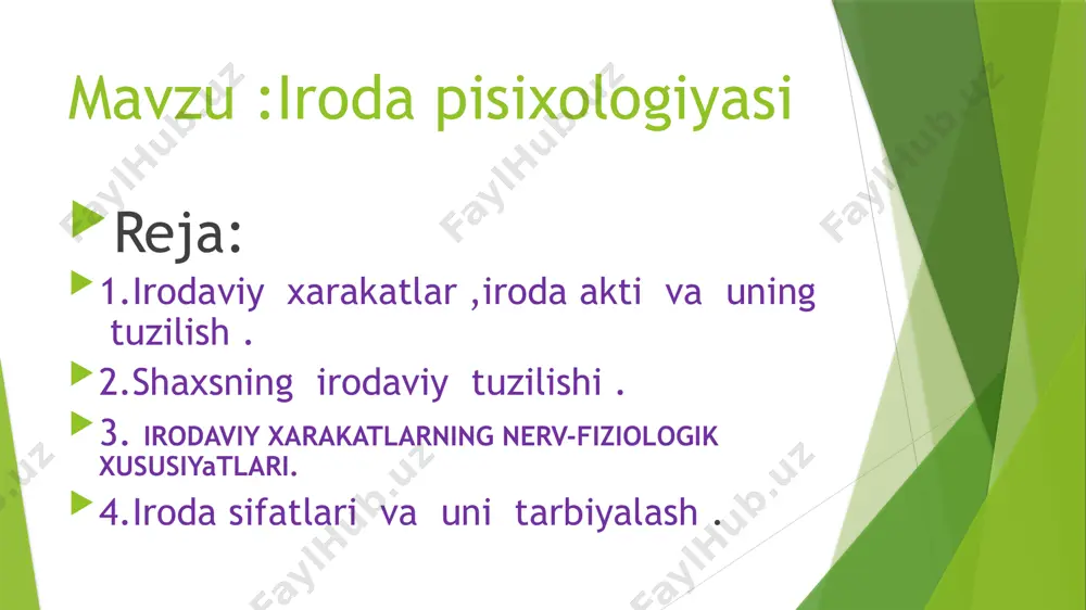 aksi bo`lgan xolatlarni ifoda etishi ham mumkin. xullas , iroda , bir tomondan odam xarakatini yo`nalishiga soladi yoki uni bir xarkatdan saqlab qoladi ,ikkinchi tomondan ,mavjud vazifa va talablardan kelib chiqgan xolda kishining pisixik faoliyatini uyushtiradi . shaxsning irodaviy xarakatlari odamning irodaviy xarakatlari o`z oldiga quygan maqsadlarini, turli-tuman yumushlarini shunchaki bajarishdangina iborat emas. balki irodaviy xarakat o`ziga xos xususiyatga egadir. buning ma’nosi shuki, odam uz oldida turgan va uning uchun juda katta axamiyatga ega bulgan maqsadlarga o`zi uchun unchalik ahamiyatli bo`lmagan boshqa xatti-xarakat motivlarini bo`ysundiradi. iroda kishining o`z xatti-xarakatlarini ongli ravishda boshqarishni, bir qator intilish va istaklarni tiyib turishni taqoza etadi. irodaviy xarakat shundan iboratki, bundan odam o`zini-o`zi idora qiladi, o`zini-o`zi qulga oladi, o`z xis-tuygularini nazorat qilib turadi va kerak bo`lib qolgan paytlarda ularni bosa oladi. irodaning namoyon bo`lishi ish-xarakatlarda ongning ishtirok kilishi bilan bog`lik bo`lgan shaxs faolligidir. irodaviy faoliyat shaxs tomonidan keng miqyosda anglangan va psixik jarayonlarni amalga oshirish …