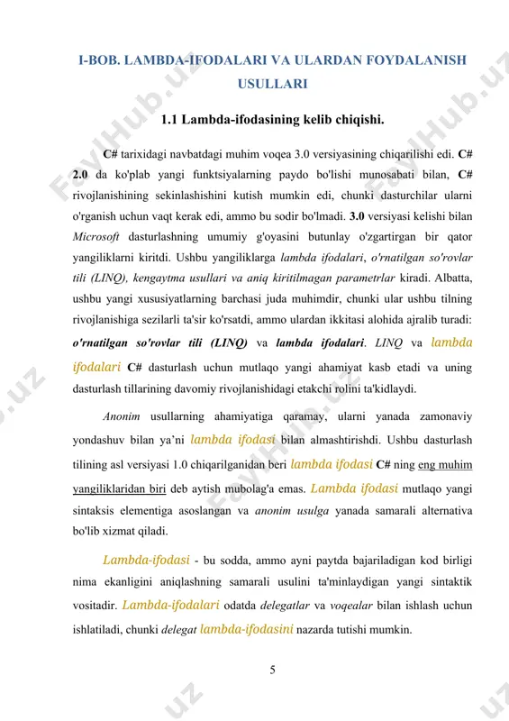 ifodasi ro'yxatdagi raqamlarni kvadratga ajratadi. faqat bitta parametr mavjud bo'lgan qavs qoldirilishi mumkin. agar xohlasangiz, siz qavs qo'shishingiz mumkin: .select( (number) => number * number); yoki parametrni aniq yozing, ammo keyin qavs kerak bo'ladi: .select( (int number) => number * number); lambda tanasi ifodadir va yashirin qaytishga ega. agar xohlasangiz, siz ham bayonot tanasini ishlatishingiz mumkin. bu yanada murakkab lambdalar uchun foydalidir. .select( number => { return number * number; } ); tanlash usuli hisoblangan qiymatlar bilan yangi ienumerable qiymatini qaytaradi. ikkinchi lambda ifodasi tanlangan usuldan qaytarilgan ro'yxatdagi raqamlarni yig'adi. qavslar talab qilinadi, chunki bir nechta parametrlar mavjud. parametrlarning turlari aniq yozilgan, ammo bu kerak emas. quyidagi usul tengdir. .aggregate( (first, second) => { return first + second; } ); bu xuddi shunday: .aggregate( (int first, int second) => first + second ); func square = x => x * x; console.writeline(square(5)); // output: // 25 system.linq.expressions.expression > e = …