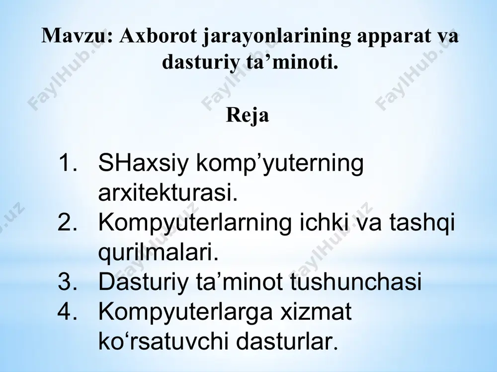 aviy shaxsiy kompyuterni aqsh ning ibm (international business mashines corpation) firmasi ishlab chiqara boshladi va u ibm pc kompyuteri deb atala boshladi. tizimli blok monitorр klaviatura sichqoncha shaxsiy kompyuterlarning asosiy qurilmalari тizimli blok - kompyuterning eng muhim qismi bo’lib, u kompyuterning asosiy elektron qurilmalarini o’z ichiga oladi tizimli plata; disk yurituvchi; qattiq disk(vinchestr); tok manbai bloki. tezkor xotira - tezkor xotira - o’zida ayni vaqtda kompyuter ishlayotgan dasturlar uchun ma’lumotlar shu bilan birga ishning natijasi saqlanadigan mikrosxemalardan tashkil topgan. doimiy xotira doimiy xotira bios(basic input-output system – kiritish va chiqarishning baza tizimi) kompyuterdagi asosiy dasturlar to’plamini saqlovchi mikrosxemadir. uning tezkor xotiradan farqi shuki, kompyuter tok manbaidan o’chirilganda ham axborotni doimiy saqlaydi. моnitor – matnli va grafikali ma’lumotlarni ekranda tasvirlaydi кlaviatura - коmpyuterga ma’lumotlarni kirituvchi qurilma sichqoncha - komyuter bilan foydalanuvchi orasida muloqatni engillashtiruvchi qurilma. кompyuterga ulanuvchi qo’shimcha qurilmalari printer skaner моdem multimedia plotter planshet videoproektor raqamli fotoapparat web kamera printer …
