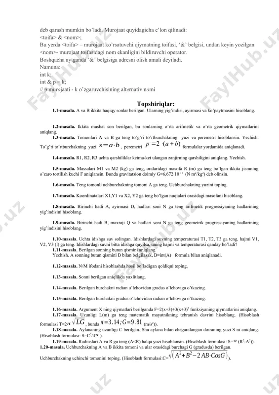 iga o’tkazing. 1.16-masala. argument x ning qiymatlari berilganda f=2(x+3)+3(x+3)2 funksiyaning qiymatlarini aniqlang. 1.17-masala. uzunligi l(m) ga teng matematik mayatnikning tebranish davrini hisoblang. (hisoblash formulasi t=2, bunda (m/s2)). 1.18-masala. aylananing uzunligi c berilgan. shu aylana bilan chegaralangan doiraning yuzi s ni aniqlang. (hisoblash formulasi: s=c2/4). 1.19-masala. radiuslari a va r ga teng (a<r) halqa yuzi hisoblansin. (hisoblash formulasi: s=(r2-a2)). 1.20-masala. uchburchakning a va b ikkita tomoni va ular orasidagi burchagi g (gradusda) berilgan. uchburchakning uchinchi tomonini toping. (hisoblash formulasi:c=). image5.wmf oleobject2.bin image6.wmf oleobject3.bin image7.wmf oleobject4.bin image8.wmf oleobject5.bin image9.wmf oleobject6.bin image10.wmf oleobject7.bin image11.wmf oleobject8.bin image1.png image2.jpeg image3.jpeg image4.wmf oleobject1.bin ) ( 2 b a p + × = p lg 81 . 9 ; 14 . 3 = = g p p p ) 2 ( 2 2 cosg ab b a × - + b a s × =