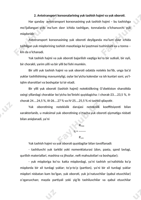 oqimi sxemasi, ya’ni ma’lum vaqt ichida tashiluvchi yuk massasi, ular yo‘nalishlaridan foydalanish zarur bo‘ladi. buning uchun yuk jo‘natish va qabul etish punktlari o‘rtasidagi eng yaqin asosiy yo‘nalishlarni olib, yuk tashish turi va hajmini o‘rganiladi. bunda katta massali yuklarni alohida guruhlash, yuk avtomobillari harakati taqiqlangan ko‘cha (yo‘nalish)larni hisobga olish, yuk jo‘natish va qabul etish oralig‘ini aniqlash, transport shoxobchalari sxemasini belgilash zarur. yuk oqimlari bir tomonlama va ikki tomonlama (qarama-qarshi yo‘nalishda) bo‘lishi mumkin. yuk oqimi ikki tomonlama bo‘lganda yuk massasi ko‘p bo‘lgan yo‘nalish asosiy (to‘g‘ri) va kam yuk massali yo‘nalish esa teskari yo‘nalish deb yuritiladi. to‘g‘ri va teskari yo‘nalishlar o‘rtasidagi farq, ya’ni massasi katta bo‘lgan yuk oqimi miqdorini kam yuk oqimiga nisbati notekislik koeffitsiyenti bilan baholanadi. to‘g‘ri va qarama-qarshi yo‘nalishlar bo‘yicha yuk oqimi notekisligi natijasida tashish notekisligi vujudga keladi. bunday hollarda transport vositalari bosib o‘tgan ma’lum masofa yuksiz qatnovga to‘g‘ri keladi va natijada tashish tannarxi nisbatan qimmatlashadi. yuk oqimi tarkibiga har xil …