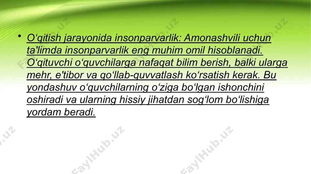 o‘zlariga bo‘lgan ishonchini oshirish, va shaxsiy rivojlanish uchun o‘z-o‘zini nazorat qilishni o‘rgatish zarur deb hisoblaydi. bu o‘quvchilarga nafaqat maktabda, balki hayotda ham muvaffaqiyatli bo‘lishga yordam beradi. o‘quvchining kreativ fikrlashini rivojlantirish amonashvili shuningdek, o‘quvchilarda kreativ fikrlashni rivojlantirishga katta ahamiyat beradi. ta'lim jarayonida o‘quvchilarga oddiy javoblardan tashqari, yangi va innovatsion fikrlarni shakllantirishga imkon yaratish lozim. bu ularni har qanday vaziyatda yangi yechimlarni topishga va ijodiy yondashuvni o‘zlashtirishga yo‘naltiradi. . ta'limda hamkorlik va jamoa ishlash amonashvili jamoaviy ishlashni ham ta'lim jarayonining muhim jihati deb hisoblaydi. o‘quvchilarni bir-biriga yordam berishga, fikr almashishga va birgalikda ishlashga o‘rgatish orqali ta'limni yanada samarali qilish mumkin. bu o‘quvchilarning jamiyatdagi o‘rni va o‘zaro munosabatlarini rivojlantiradi. o‘qituvchining o‘zini o‘rganishi va qayta baholashi amonashvili o‘qituvchining o‘zini takomillashtirishi zarurligini ta'kidlaydi. o‘qituvchi har doim o‘z pedagogik faoliyatini tahlil qilib, yangiliklarni qabul qilishga tayyor bo‘lishi kerak. shuningdek, u o‘quvchilarga o‘zlarining qobiliyatlarini ochishga va har bir o‘quvchining o‘ziga xosligini tushunishga yordam beradi. pedagogik rahbarlik va …