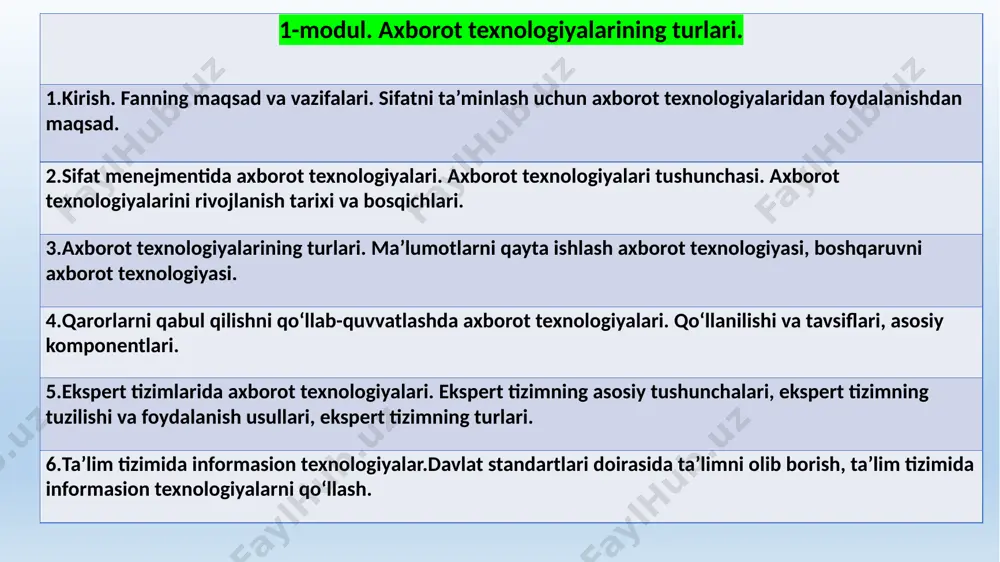 i xujjatlarini yaratish. kirish. sifatni ta’minlash uchun axborot texnologiyalaridan foydalanish ishdan maqsad: fanning maqsad va vazifalari. sifatni ta’minlash uchun axborot texnologiyalaridan foydalanish. tayanch so‘zlar: axborot jarayonlari, axborot almashinuvi, axborot texnologiyasi, axborot tizimi. respublikamizda ayniqsa so‘nggi yillarda axborot texnologiyalariga juda katta e’tibor qaratilmoqda. bu borada o‘zbekiston respublikasining “axboratlashtirish to‘g‘risidagi”, “elektron tijorat to‘g‘risida”gi qonunlari qabul qilinganligi, o‘zbekiston respublikasi prezidentining “kompyuterlashtirishni yanada rivojlantirish va axborot-komunikatsiya texnologiyalarini joriy etish to‘g‘risida”gi farmoni, o‘zbekiston respublikasi prezidentining “o‘zbekiston respublikasining jamoat ta’lim axborot tarmog‘i ziyonetni tashkil etish to‘g‘risida”gi qarori bunga yaqqol misol bo‘la oladi. axborot atamasi lotincha so‘z bo'lib, xabardorlik, biror hodisa yoki biror kishi faoliyati haqida xabarga ega bo'lish ma’nosini bildiradi. axborot menejment tizimiga uni rivojlantirish va takomillashtirish maqsadida faol ta’sir etish uchun zarur ma’lumotlar yig‘indisidan iboratdir. yetarli va aniq axborotga ega bo‘lmay boshqaruvni tashkil etish mumkin emas. menejment tizimlarida axborot texnologiyalari axboroti boshqaruvchi va boshqariluvchi tizimlar o‘rtasidagi aloqa usulidir. boshqaruvchi tizim boshqariladigan tizimdan ishlab chiqarish holati …