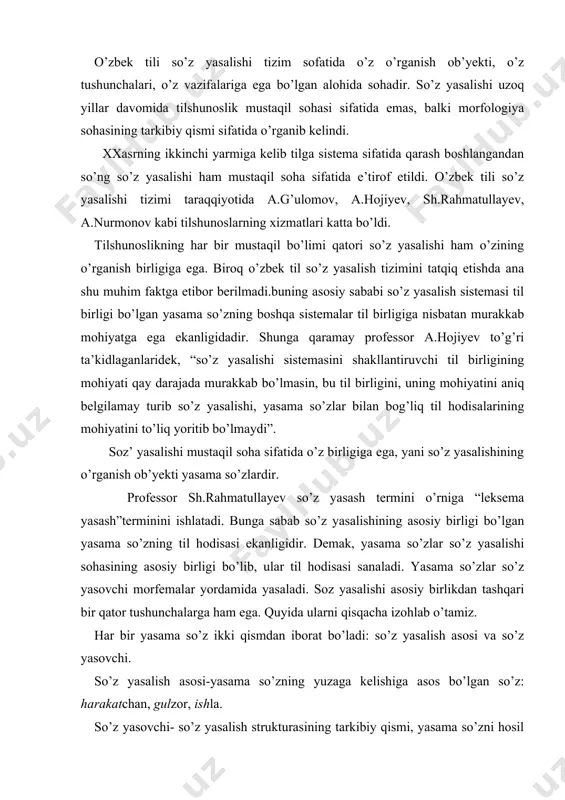 tushunchalarga ham ega. quyida ularni qisqacha izohlab o’tamiz. har bir yasama so’z ikki qismdan iborat bo’ladi: so’z yasalish asosi va so’z yasovchi. so’z yasalish asosi-yasama so’zning yuzaga kelishiga asos bo’lgan so’z: harakatchan, gulzor, ishla. so’z yasovchi- so’z yasalish strukturasining tarkibiy qismi, yasama so’zni hosil qiluvchi vosita. u quyidagi xususiyatlarga ega bo’ladi: · soz yasovchining ma’nosi umumiy: gulli, chiroyli, mevali. · so’z yasovchi yasama so’zda bitta bo’ladi. · so’z yasovchi: suffiks, prefiks. · so’z yasovchi vazifasida: · 1) affikslar: -li. –la, -zor, -siz, -ma, -k… · 2) affiksoidlar: xona, noma, ham… · 3) yordamchi so’zlar: qil, bo’l, et. o’zbek tilida so’z yasash usullari. affiksatsiya so’z yasalishi yasama so’zlarni o’rganuvchi tilshunoslikning bir sohasidir. yasama so’z muayyan bir usul bilan, muayyan bir vosita yordamida hosil qilngan so’z hisoblanadi. shuning uchun ham so’z yasalish tizimida so’z yasalish usuli degan tushuncha asosiy tushunchalardan sanaladi. o’zbek tilida yangi so’z yasashning bir necha usullari bor.o’zbek tilga oid …