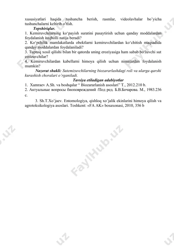 insiy mahsuldorligi bilan ajralib turadi. kemiruvchilarning jag’ apparati kuchli va haddan tashqari ixtisoslashgan. kurak tish emalining qattiqligi 5,0-5,5 moos birligi bilan belgilangan. mushaklarining (masseter) kuchli rivojlanganligi, kemiruvchi kemirganda va chaynaganda ostki jag’larini ham harakatga keltiradi. kemirish faoliyatining intensivligi, turli kemiruvchilarning biologiyasi, oziqlanish xususiyati, in va pana tiplari bilan bevosita bog’liq bo’ladi. eng yuqori kemirish faolligi murakkab uya qazuvchi (ayniqsa zarang yerga), puxta po’stli urug’lar yoki o’simlikni qattiq qismlari bilan oziqlanuvchi turlar (suv qunduzi, ondatra, plastinka tishli kalamush, qumsichqon, ko’rsichqon) da kuzatilgan. tabiiy hayotda va xalq xo’jaligida kemiruvchilarning tutgan o’rni turli-tuman va benihoyadir. ular ayniqsa arktika (lemminglar), tayga (olmaxonlar), keng bargli o’rmonlar (dalasichqonlar, sichqonlar, sonyalar va b.), cho’l, yarim sahro va sahrolar (sug’urlar, yumronqoziqlar, kumsichqonlar, olmaxonlar va b.) biotsenozlarining e’tiborli a’zolaridan biri hisoblanadi. cho’llarda, yarim sahro va saxrolarda ularning qazish faoliyati tuproq hosil bo’lishida muhim ahamiyat kasb etib, eroziyaning rivojlanishiga ham ta’sir ko’rsatadi. tuproqni yumshatish, yerosti tuproq qatlamlarini yer betiga chiqarish, …