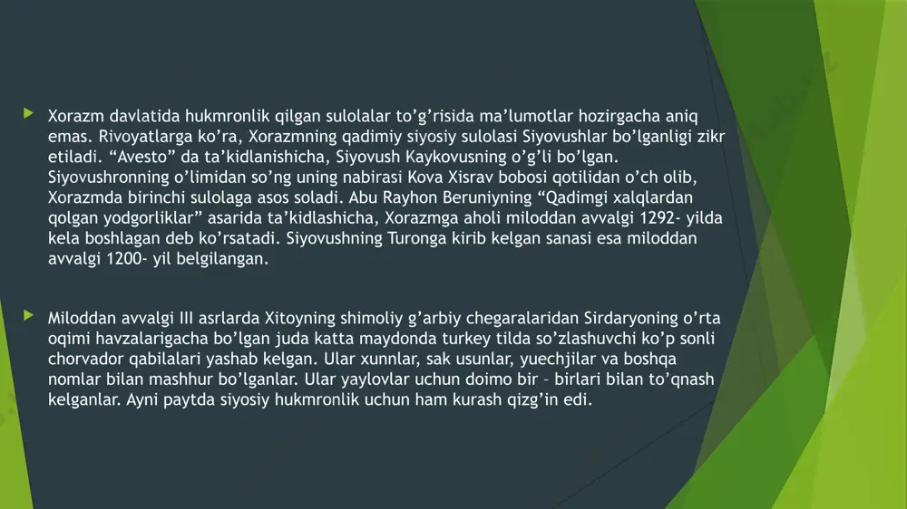 tarkibiga qadimgi xorazm, choch va so’g’diyona ham kirgan. miloddan av. ii asrda qang’yuy davlati o’z taraqqiyotining yuksak darajaga erishadi. miloddan avv. i ming yillikning i yarimida xorazmda patrialxal quldorlik jamiyati shakllana borib, mil. avv. ii asrda ham bu jarayon davom etadi. bu jamiyat chorvador yarim o’troq jamiyati bo’lib, ularning asosiy mulki boyligi chorva, chorva mollari boqiladigan yaylovlarda bo’lgan. boy chorvador toifasi chorvadorlar harbiy aristokratiyasini tashkil qilgan. bunday hodisa chorvador zodagonlarga, patriarxal qullarga bo’linish ro’y bergan. hunarmandchilikning qishloq xo’jalikdan ajralish jarayoni yuz berdi. xorazmda patrialxal quldorlik jamiyati vujudga kelgan bo’lsada, urug’ - qabilachilik tartiblari saqlanib qoladi. jamiyat negizini urug’ tashkil qilgan. bir necha urug’ birlashmasi qabilani, bir necha qabilalar birlashmasi qabilalar ittifoqini tashkil qiladi. urug’ qabila, qabilalar ittifoqi alohida saylangan oqsoqollar boshliqlari tomonidan saylangan. qanha davlatida qurilgan shaharlarning ko’p bo’lishiga qaramay yangi shaharlar qurilishiga, sug’orish inshootlarini barpo etishga alohida e’tibor berilgan. jonbos qal’a shular jumlasidandir. qang’yuylar davrida xorazmda pul munosabatlari vujudga …